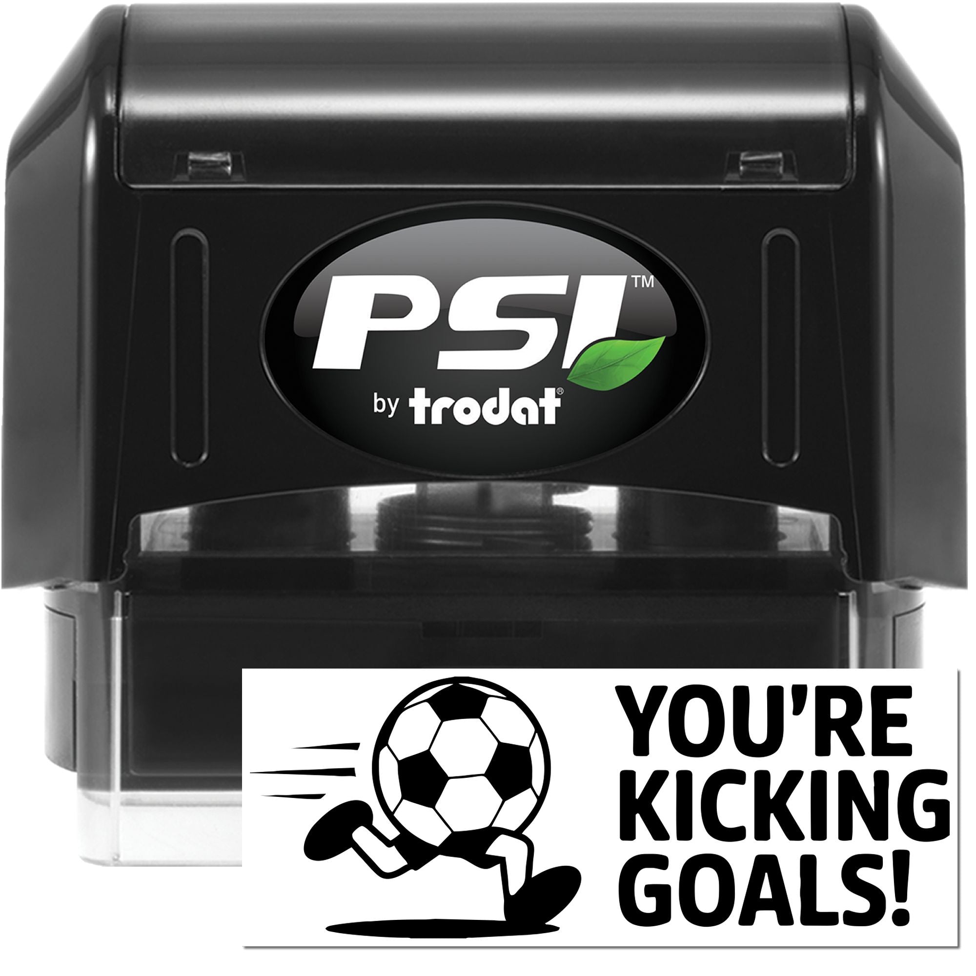 Black PSI by trodat self-inking stamp and custom soccer goal seal, with white lettering, green leaf logo, and black-and-white design.