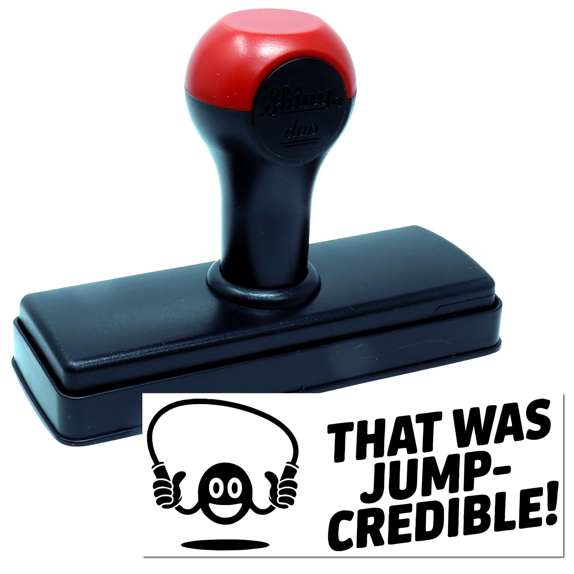 Red-and-black self-inking rubber stamp with That Was Jump-Credible! seal graphic on a white background