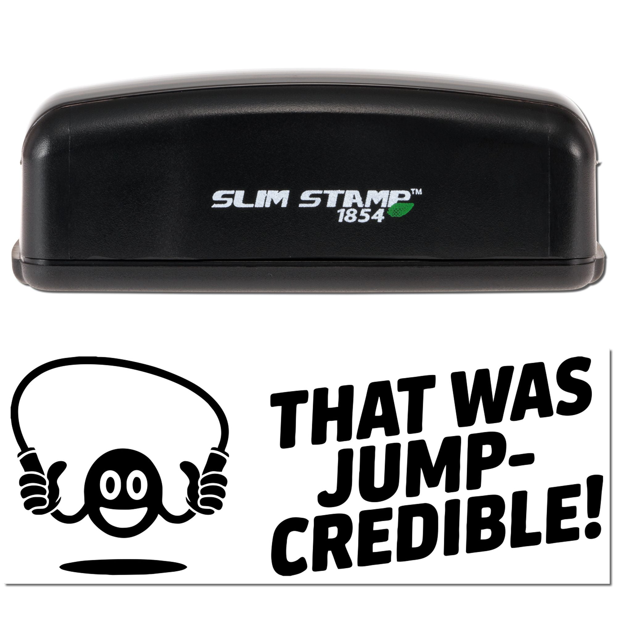 Black Slim Stamp 1854 self-inking stamp with white seal insert, bold black text, and jump-rope cartoon graphic.