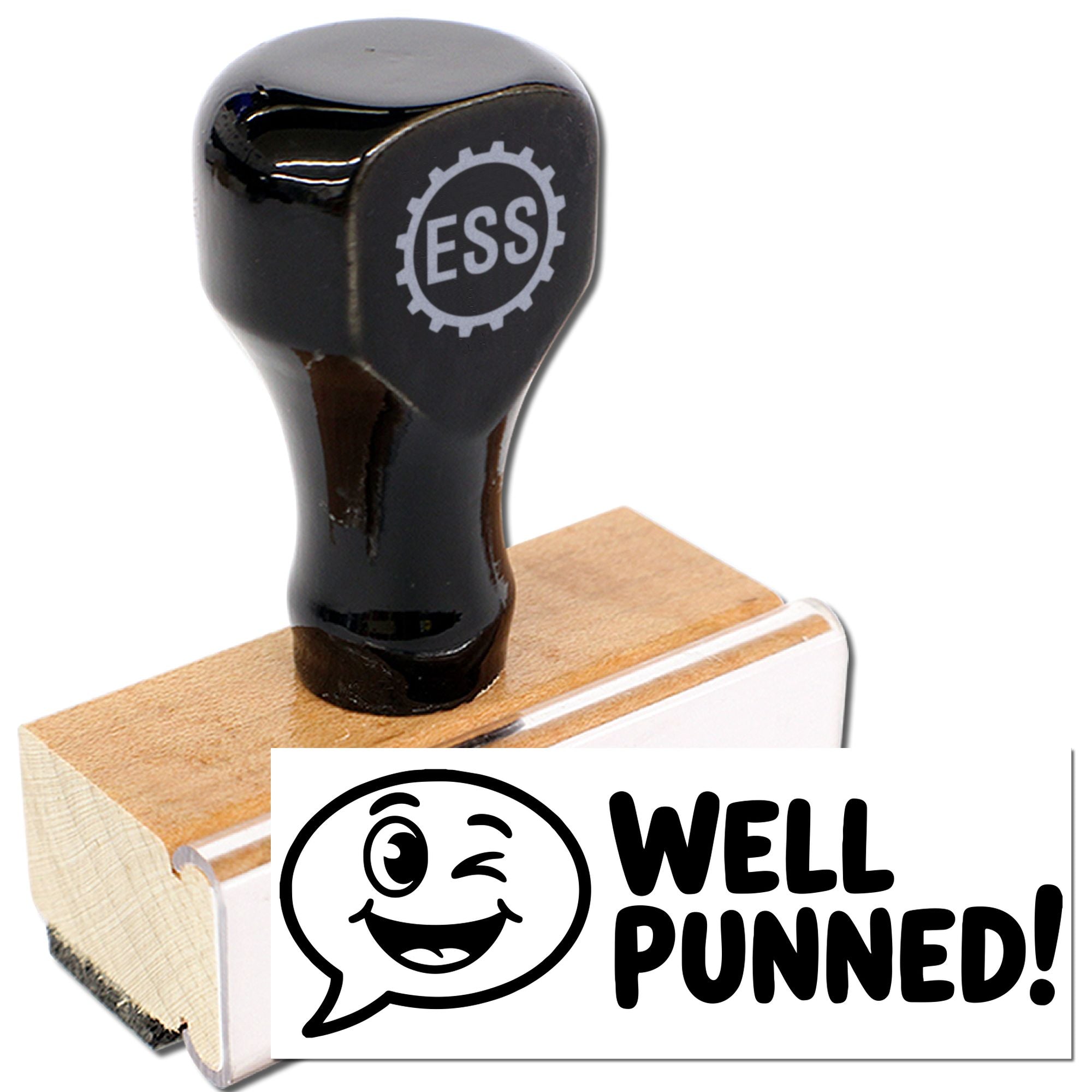 Black self-inking stamp and seal with wooden base, ESS gear logo, and bold WELL PUNNED! winking-face imprint