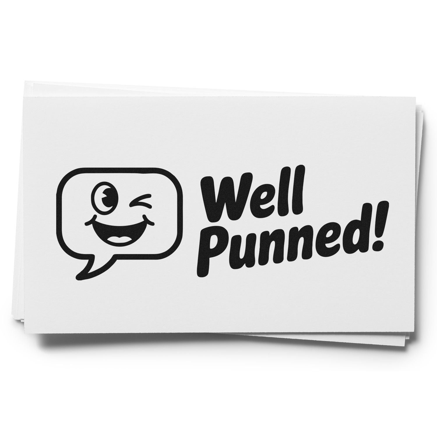 White stamp and seal cards with black winking speech bubble and Well Punned! text