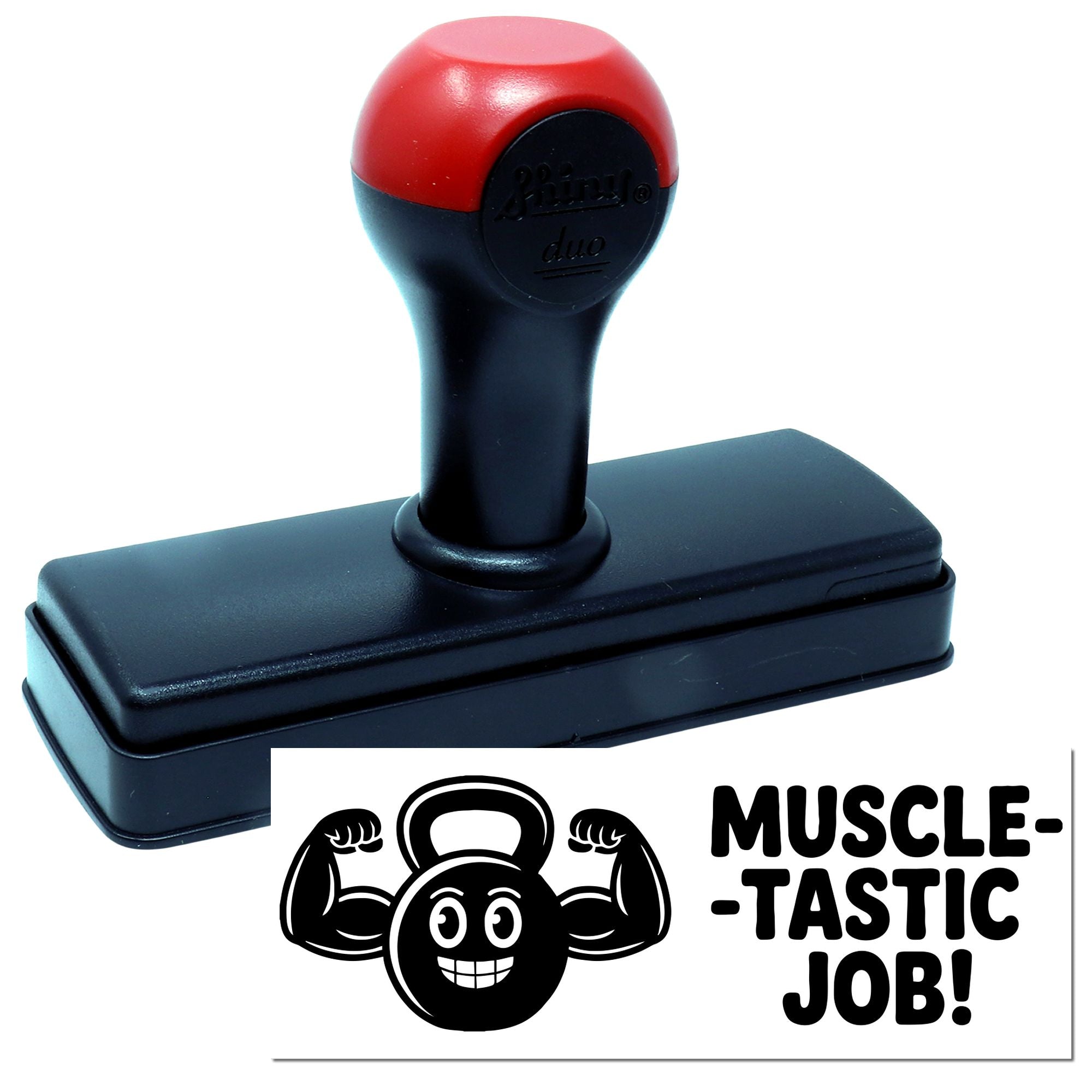 Red-and-black self-inking stamp seal with flexing kettlebell mascot and MUSCLE-TASTIC JOB! text.