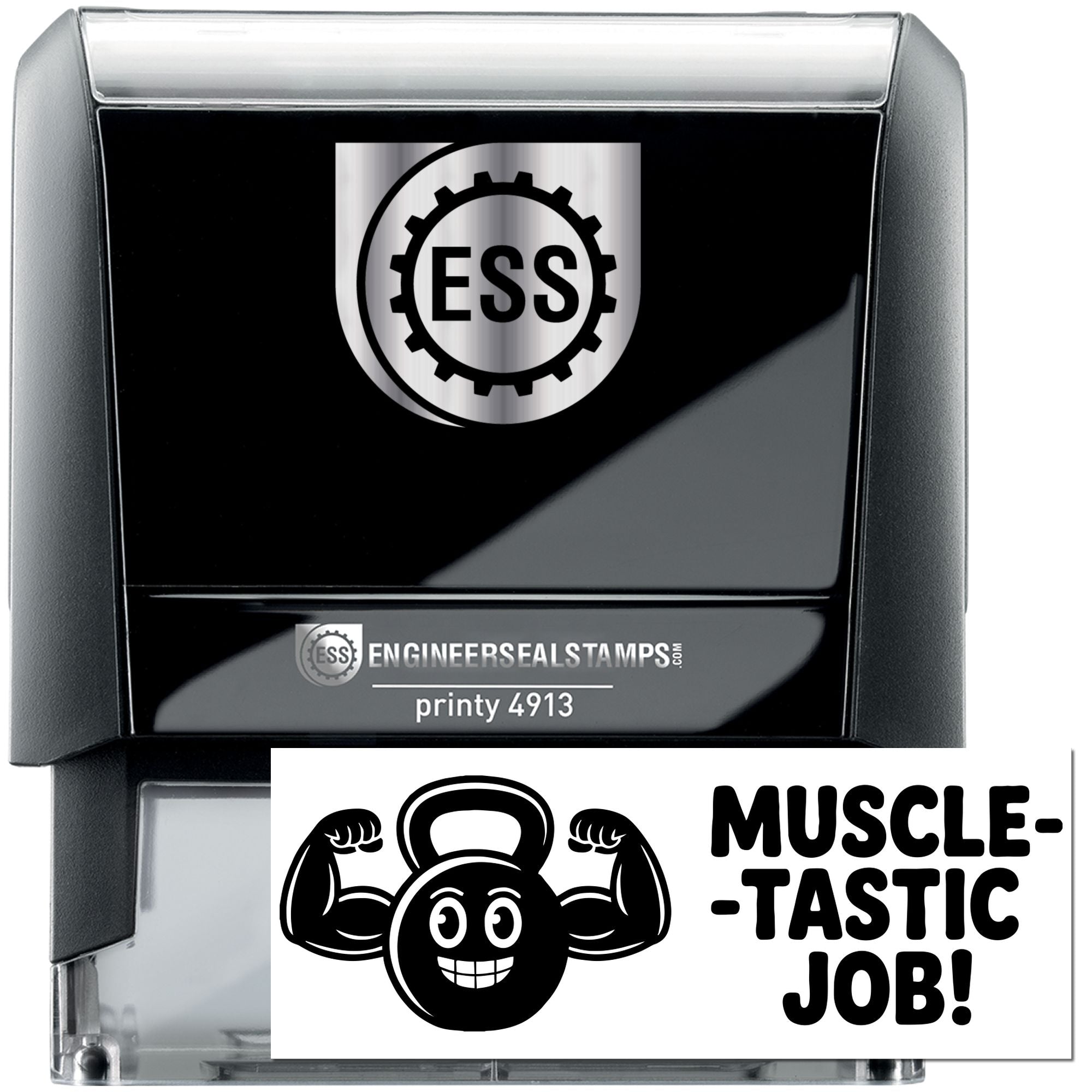 Black and silver self-inking stamp and seal set, ESS logo, printy 4913, with MUSCLE-TASTIC JOB! fitness design.