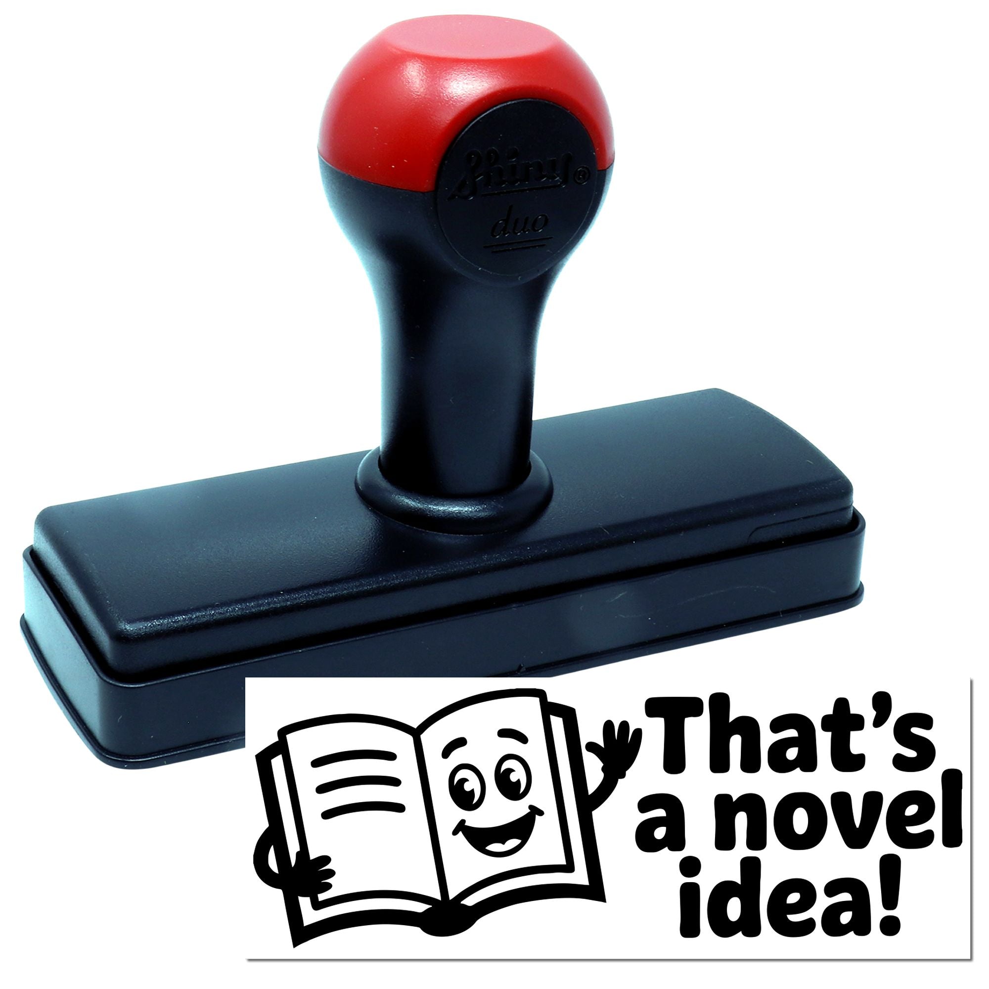 Red and black self-inking stamp and seal with a rectangular base and novelty logo on a white background.