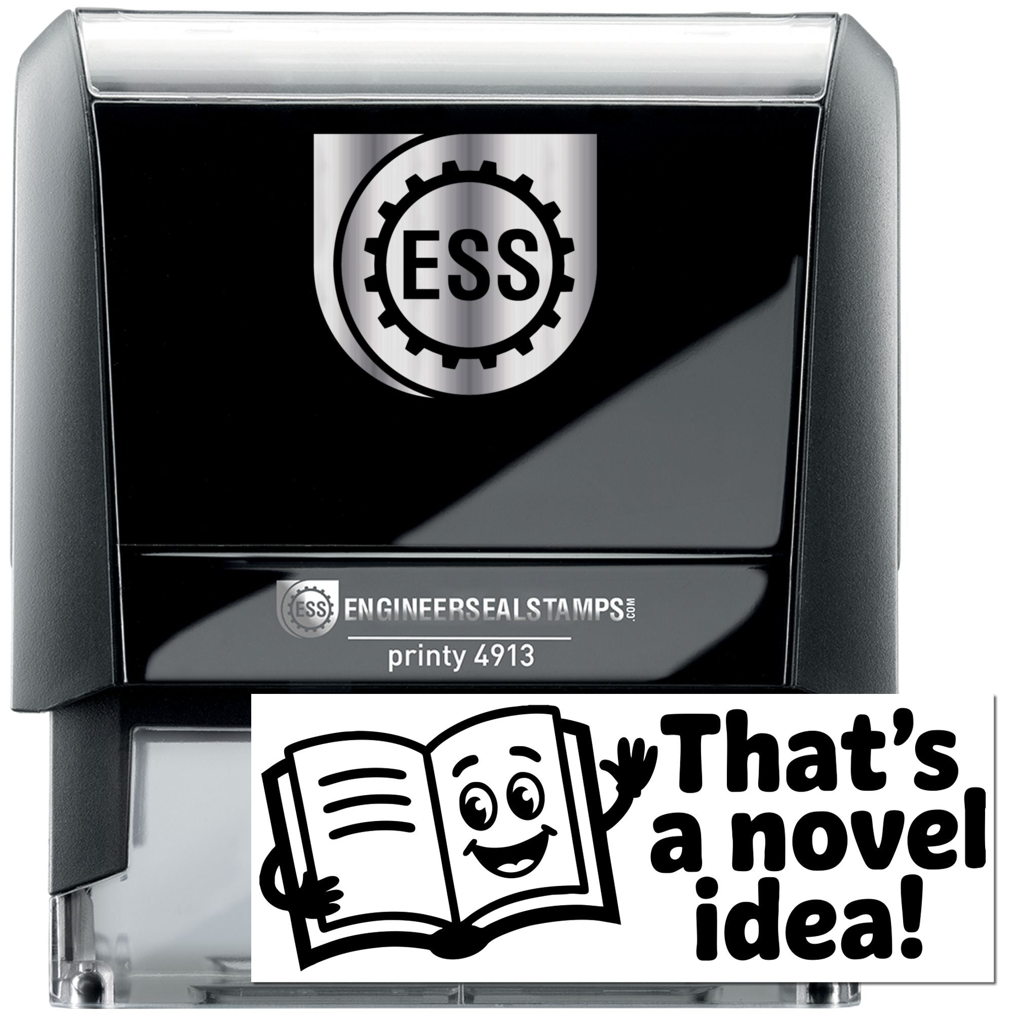 Black self-inking ESS engineers seal stamp with silver logo, glossy black casing, and Printy 4913 label.