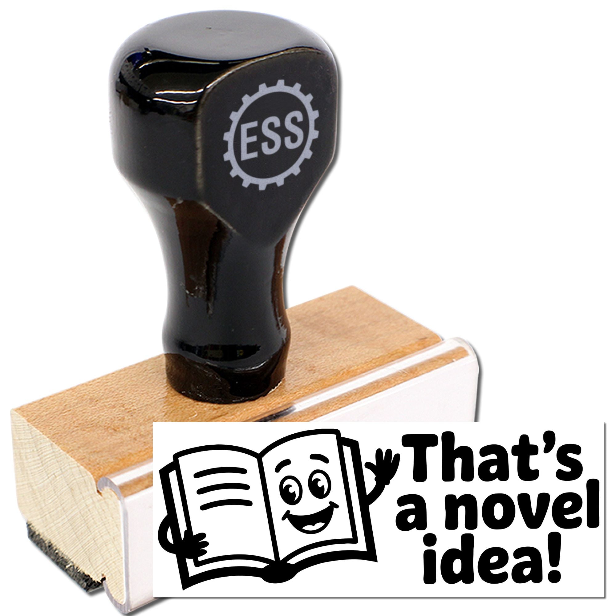 Black ESS rubber stamp and wooden seal block on white background with Thats a novel idea! text.