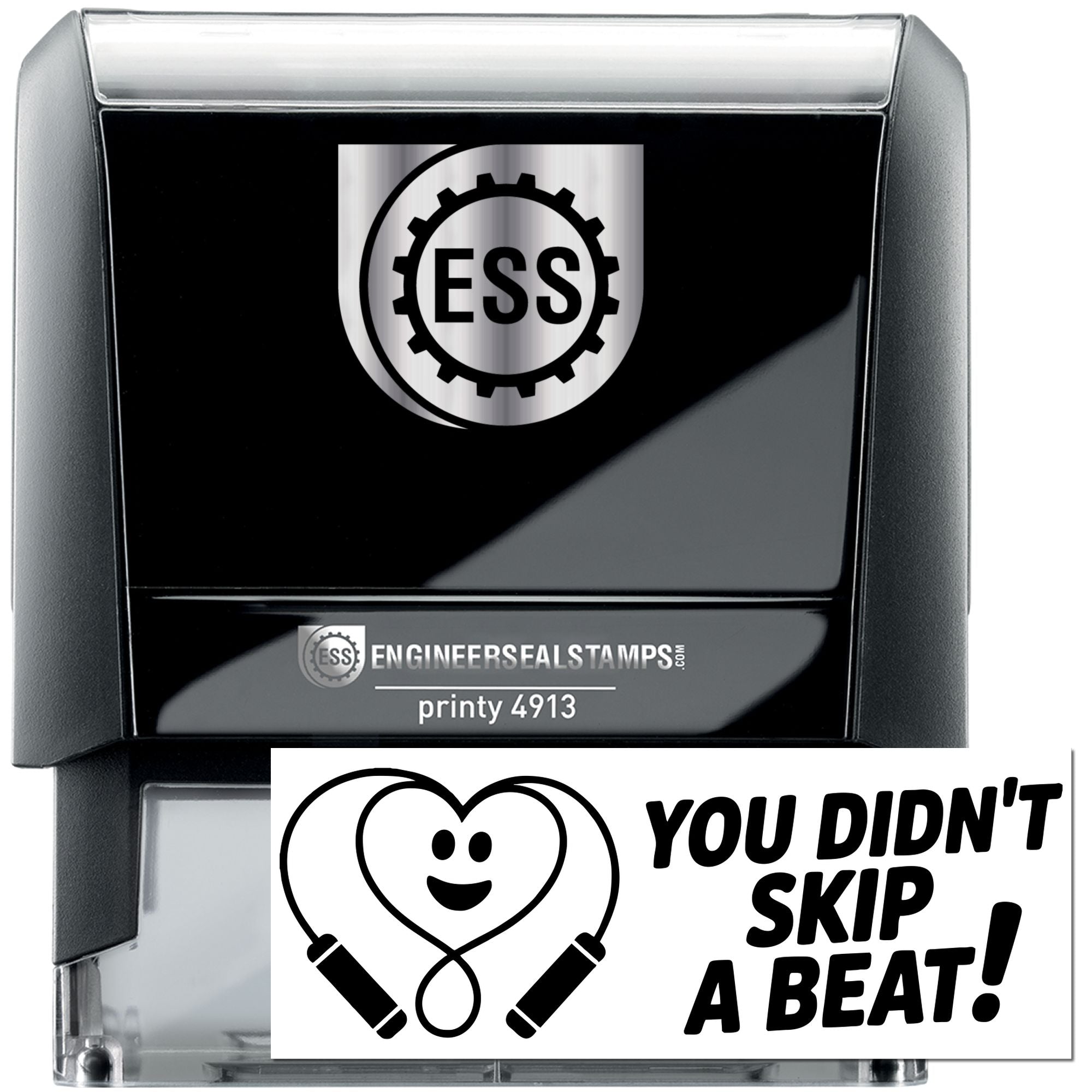 Black self-inking ESS stamp and seal set with silver logo, printy 4913, and white heart seal reading You didnt skip a beat!