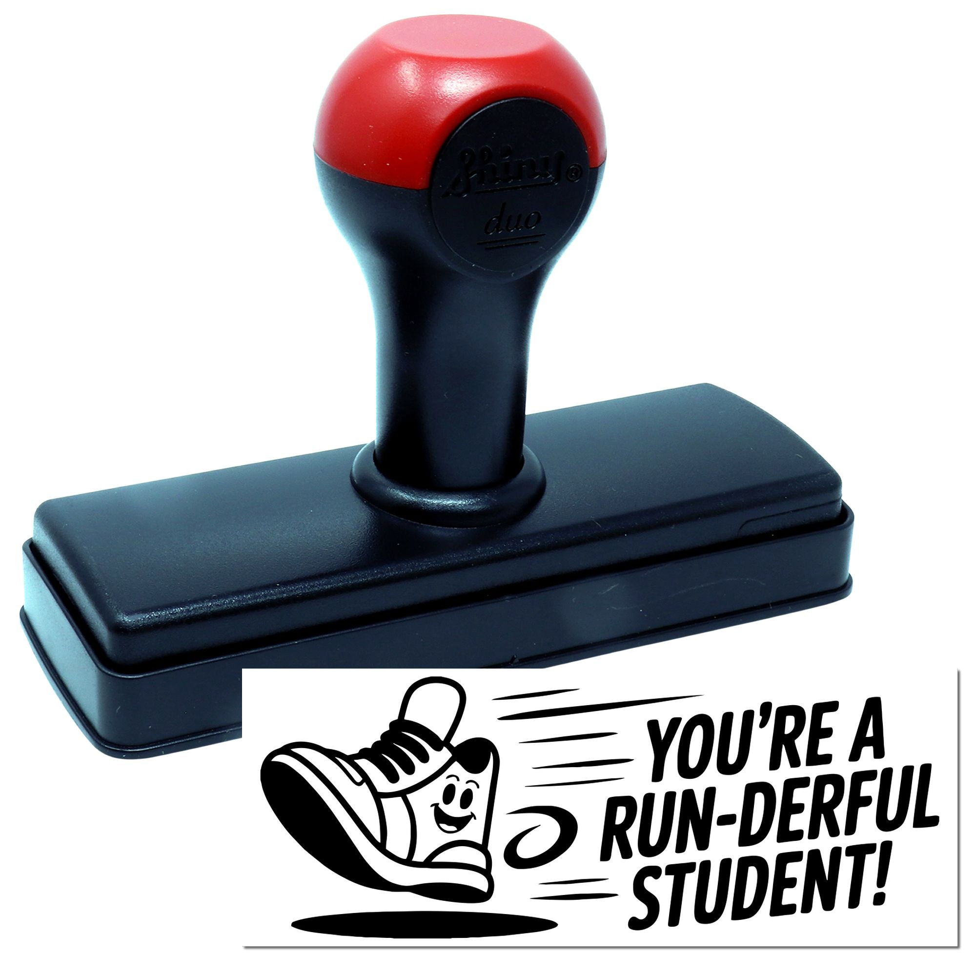 Red and black self-inking stamp seal with a playful Youre a run-derful student! design.