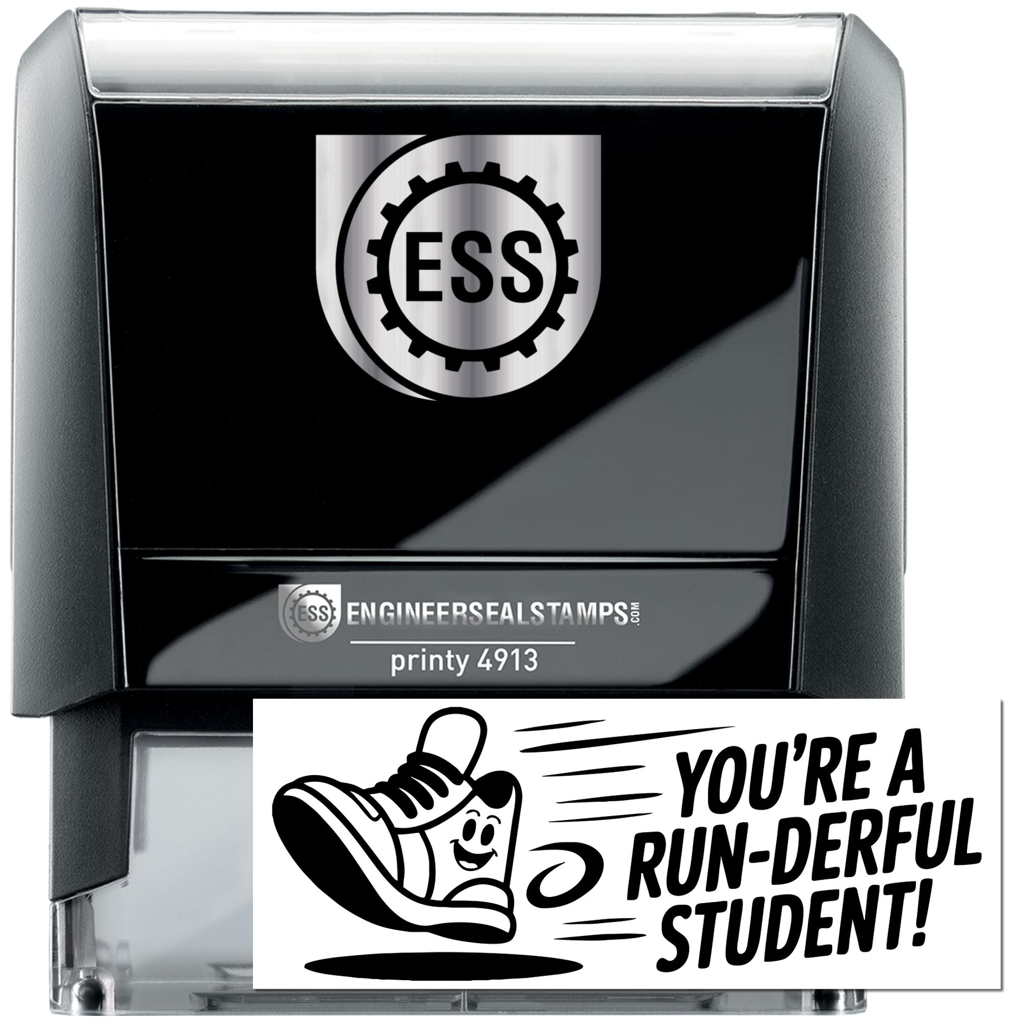 Black self-inking ESS stamp and seal with silver top, showing a gear logo and sample Youre a run-derful student! imprint.