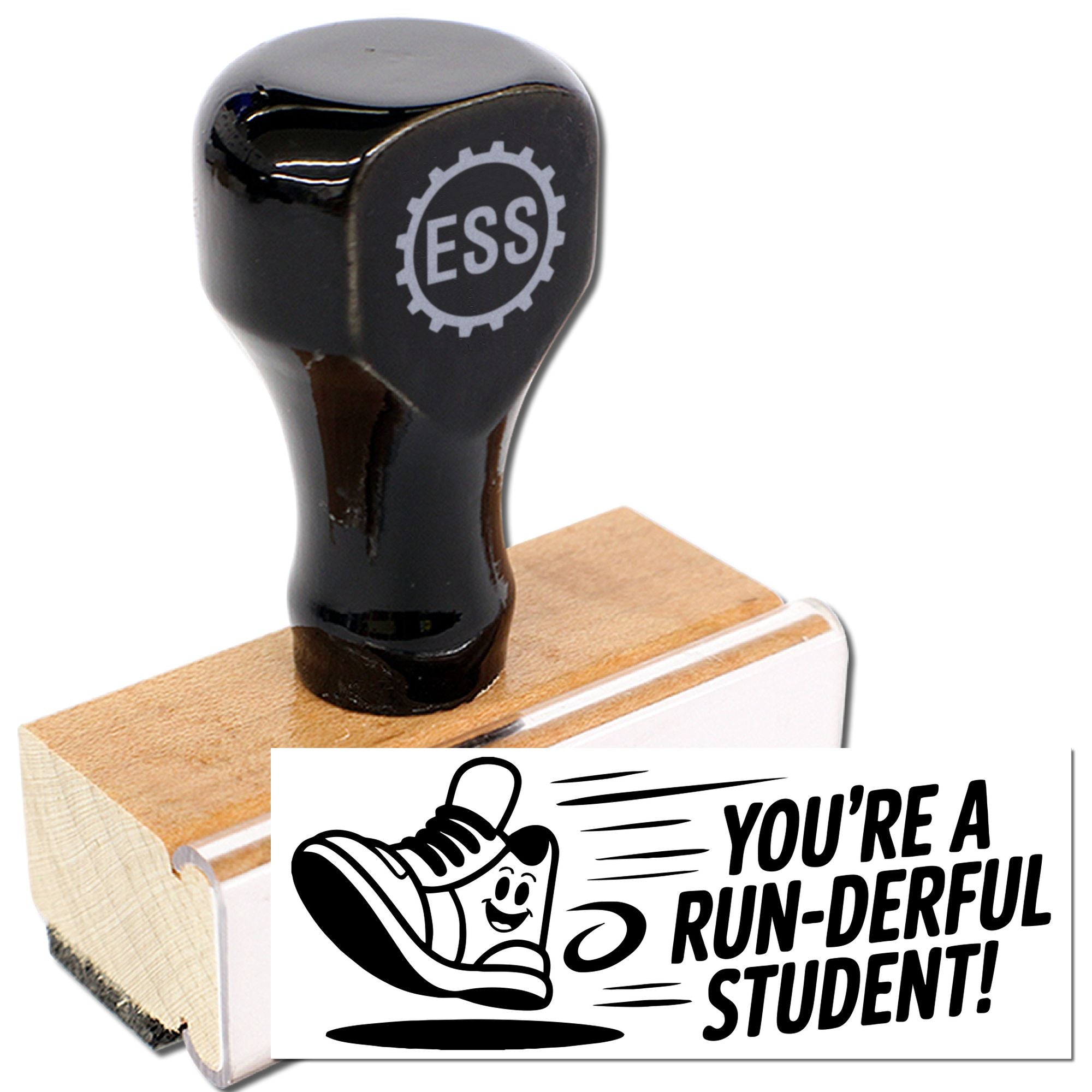 Black custom rubber stamp with wooden base, showing a smiling seal and Youre a run-derful student! text.