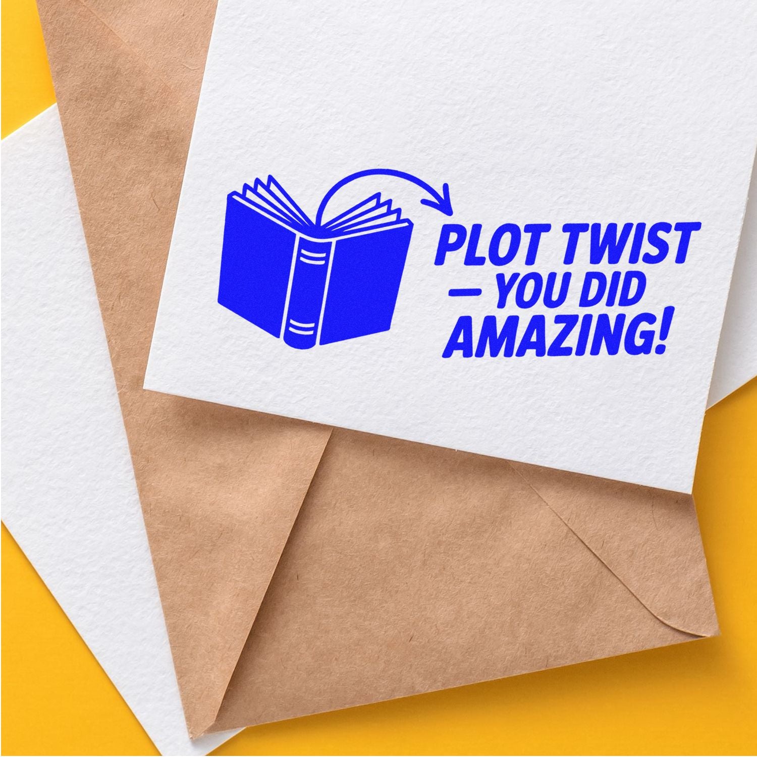 Blue book logo stamp reading Plot TwistYou Did Amazing! on white and brown envelopes over a yellow background.