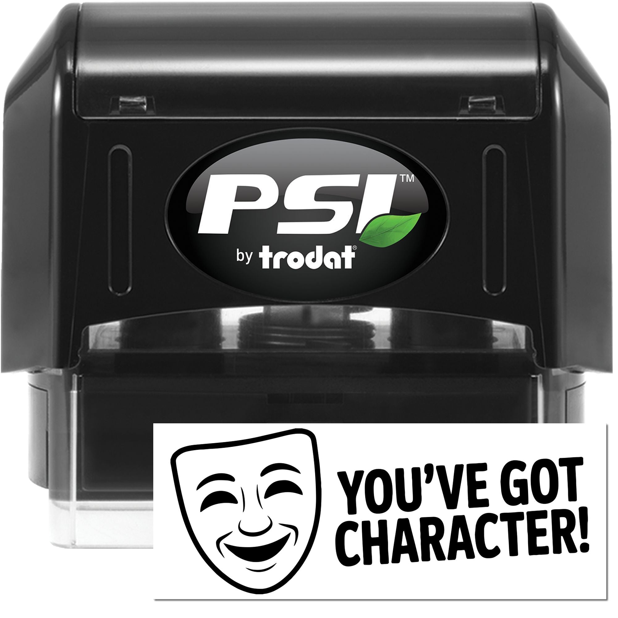 Black PSI by Trodat self-inking stamp with white seal card, comedy mask icon, and Youve Got Character! text.