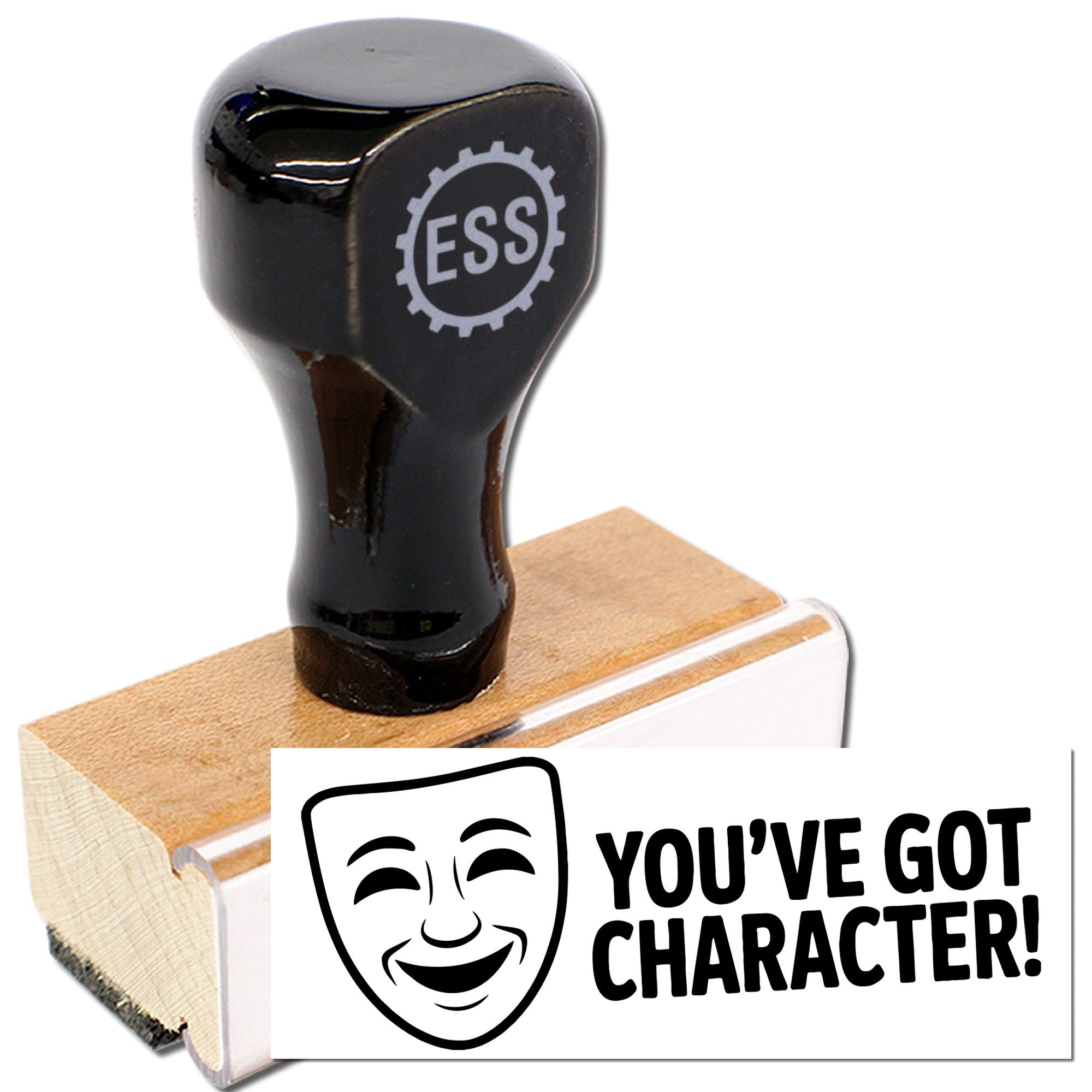 Black self-inking stamp and seal with ESS logo on wooden base, featuring white label and YOUVE GOT CHARACTER! text.