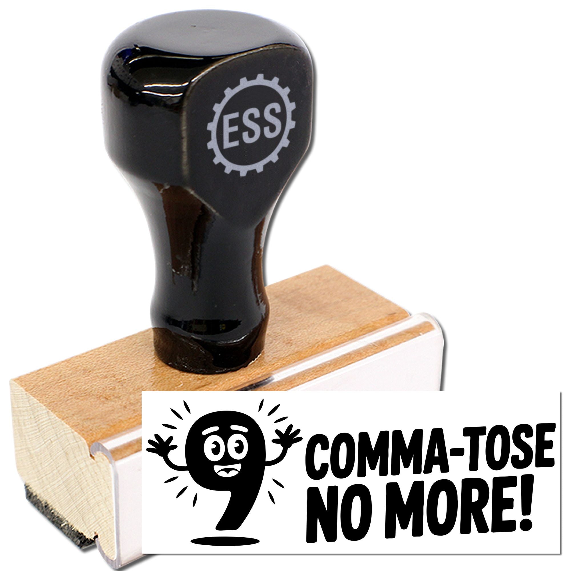Black rubber stamp with wooden base, showing a white seal design and Comma-tose No More! graphic.