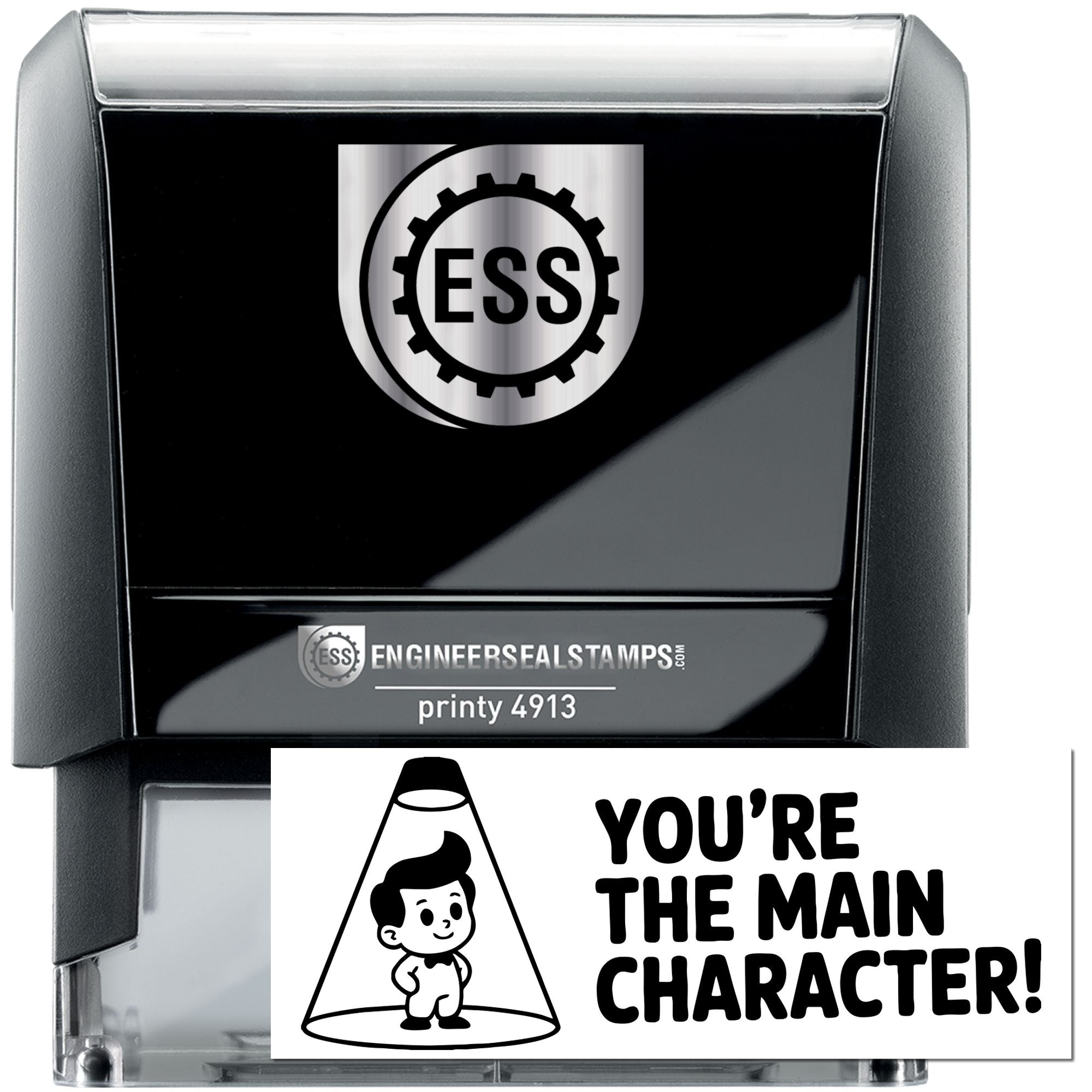 Black and silver self-inking engineer seal stamp with ESS logo and sample character seal design.
