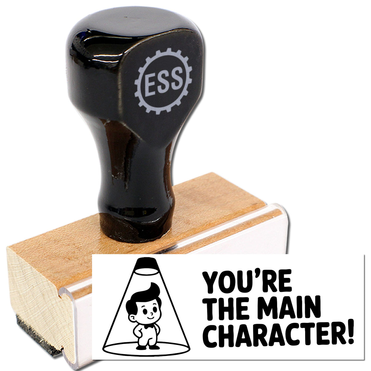 Acorn You've Got Character motivational rubber stock stamp with black handle and wooden base, featuring inspiring text design.