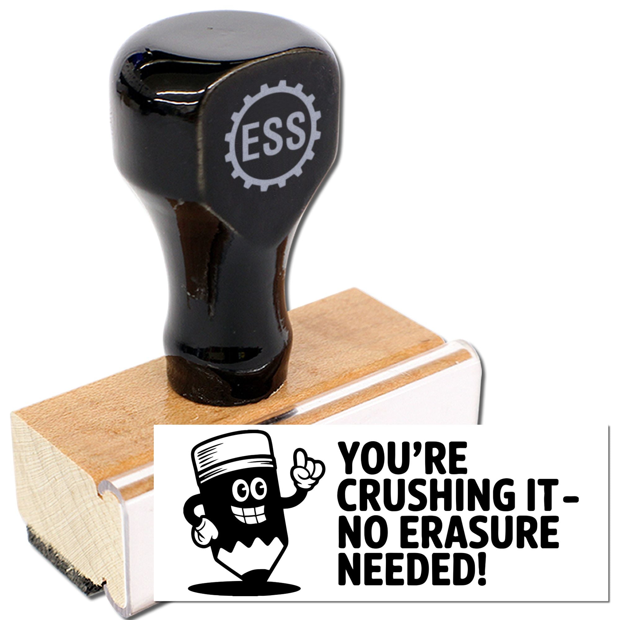 Black rubber stamp and seal set with ESS logo on a wooden base, plus white Youre crushing it seal.