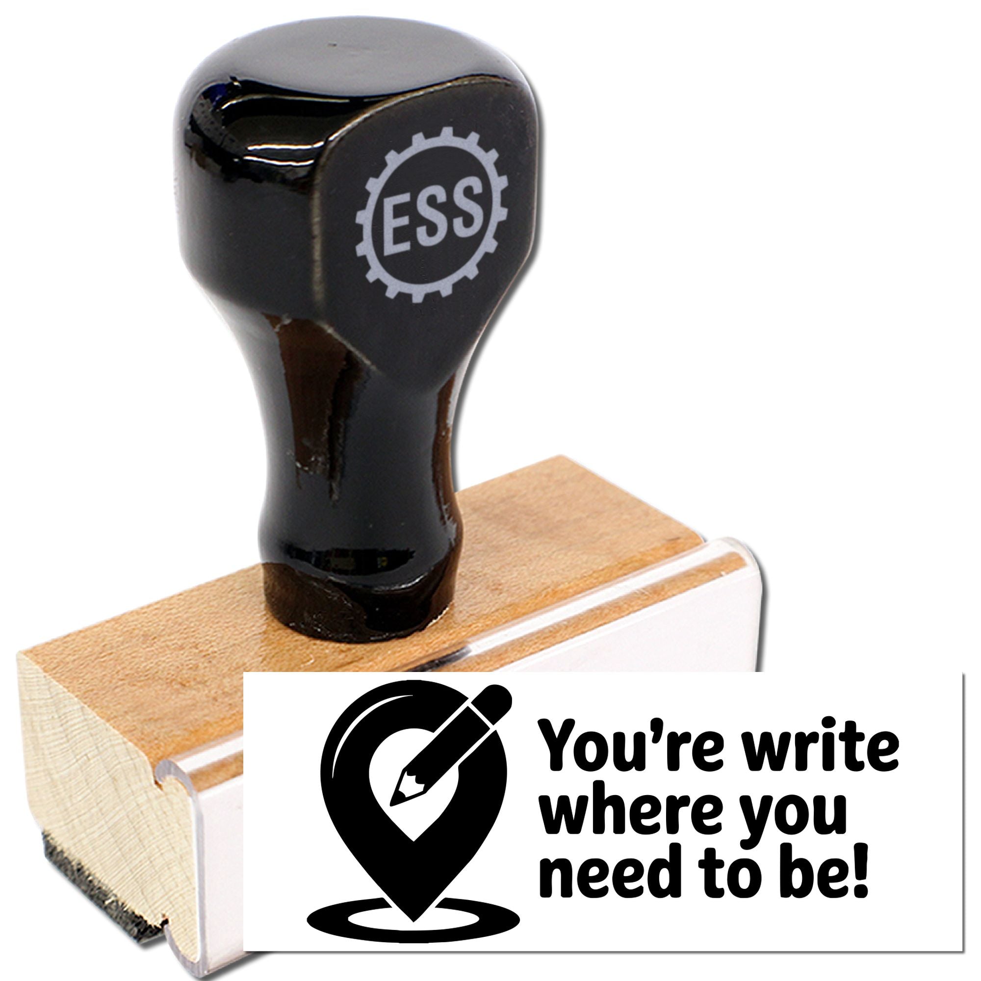 Black ESS rubber stamp and seal mounted on a wooden block with a white logo label.