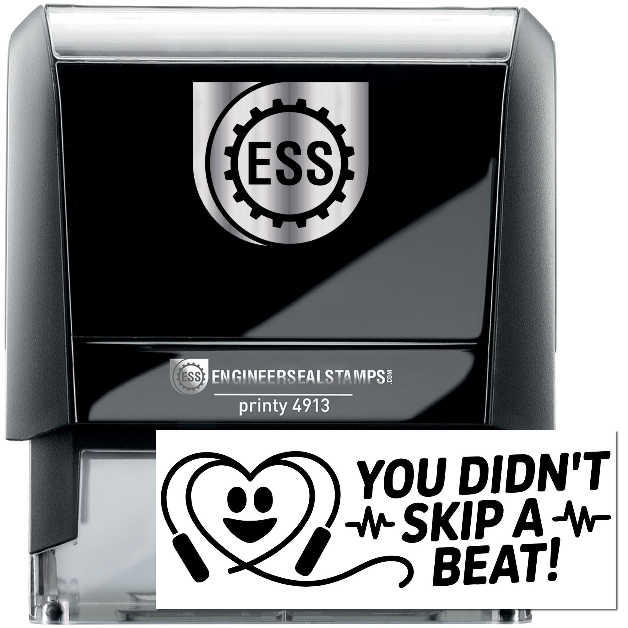 Black self-inking engineer seal stamp with silver ESS gear logo, gray casing, and You Didnt Skip a Beat! stamp design.