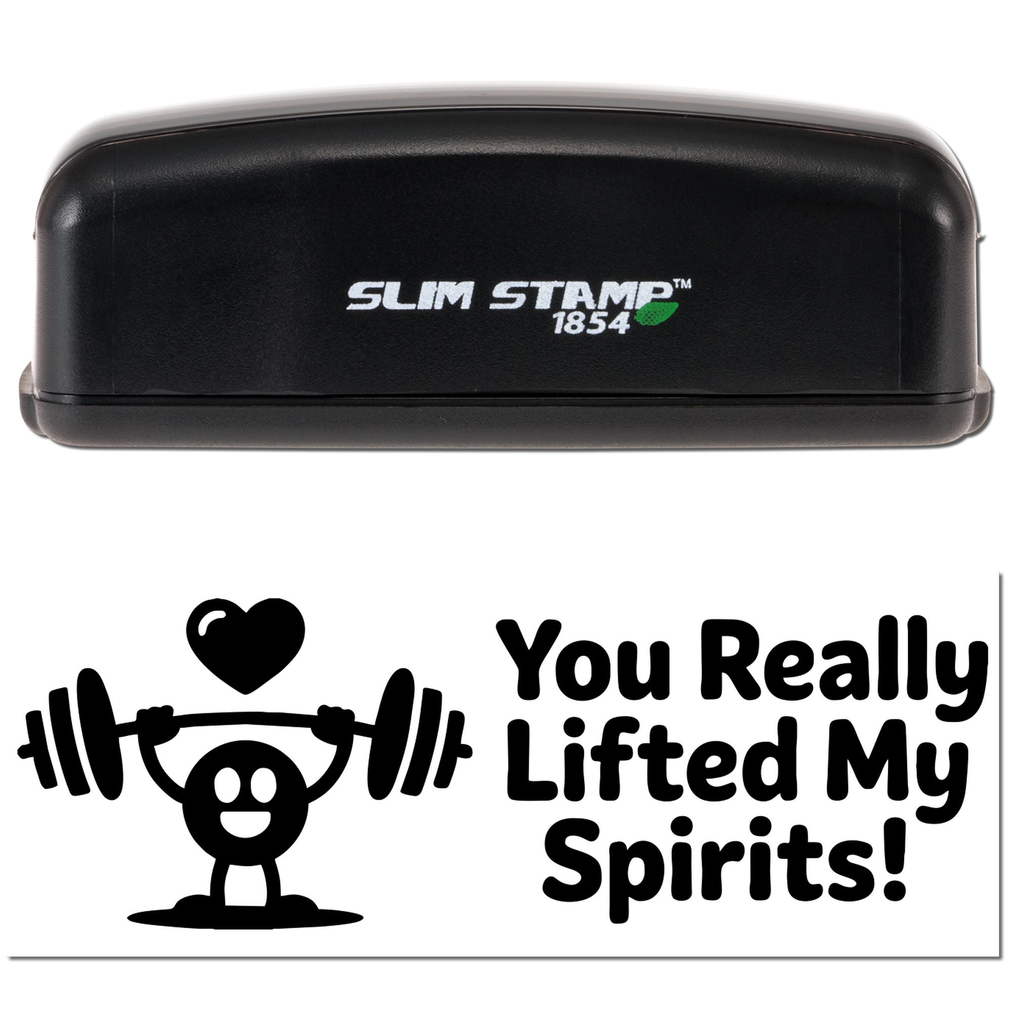 Black Slim Stamp 1854 self-inking stamp with white logo, green accent, and seal reading You Really Lifted My Spirits!