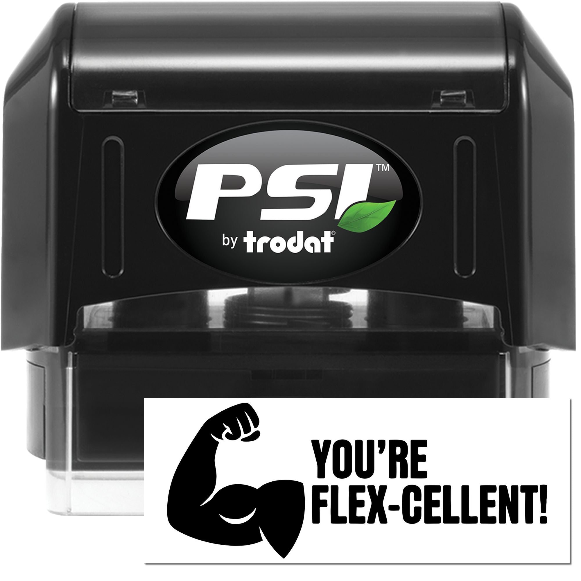 Black PSI by Trodat self-inking stamp with green leaf logo and white Flex-Cellent seal label.