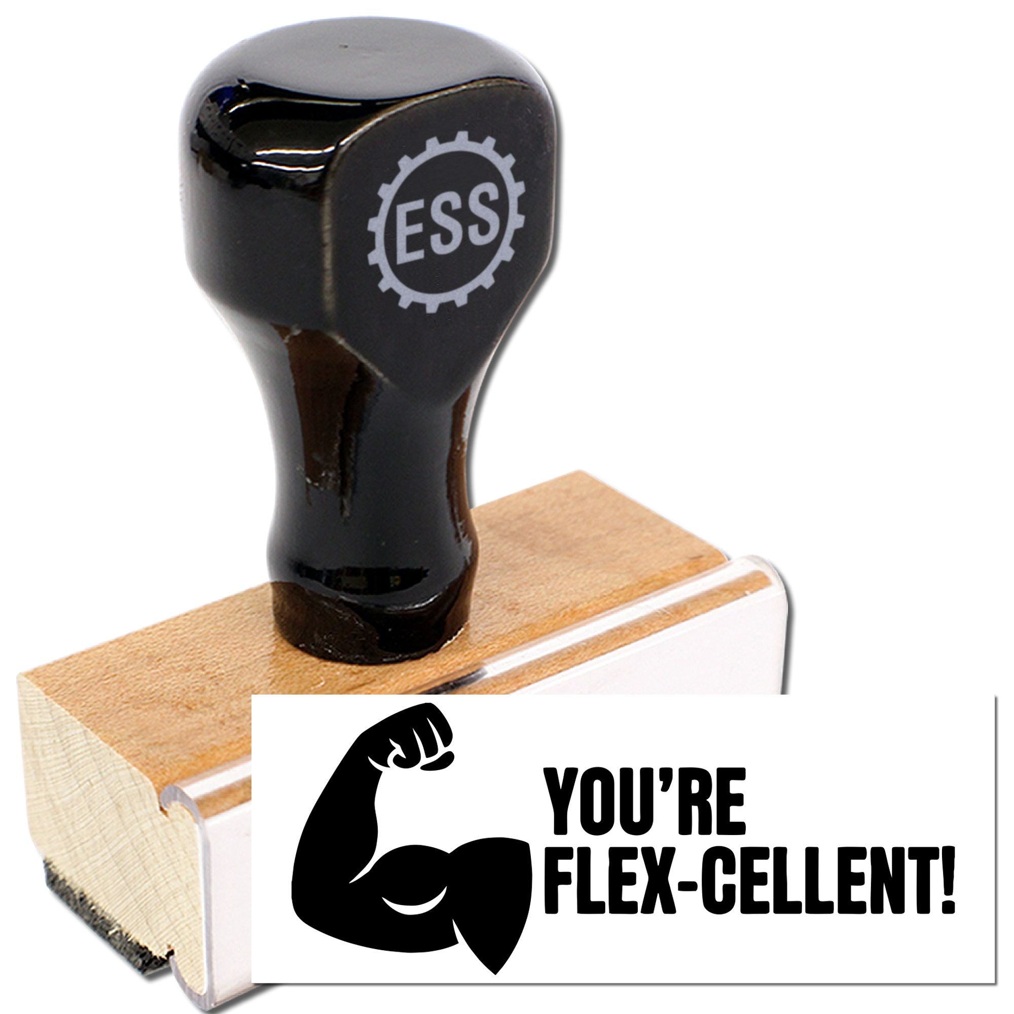 Black ESS rubber stamp with wooden base and Youre Flex-Cellent! flexed-arm seal imprint on white paper.