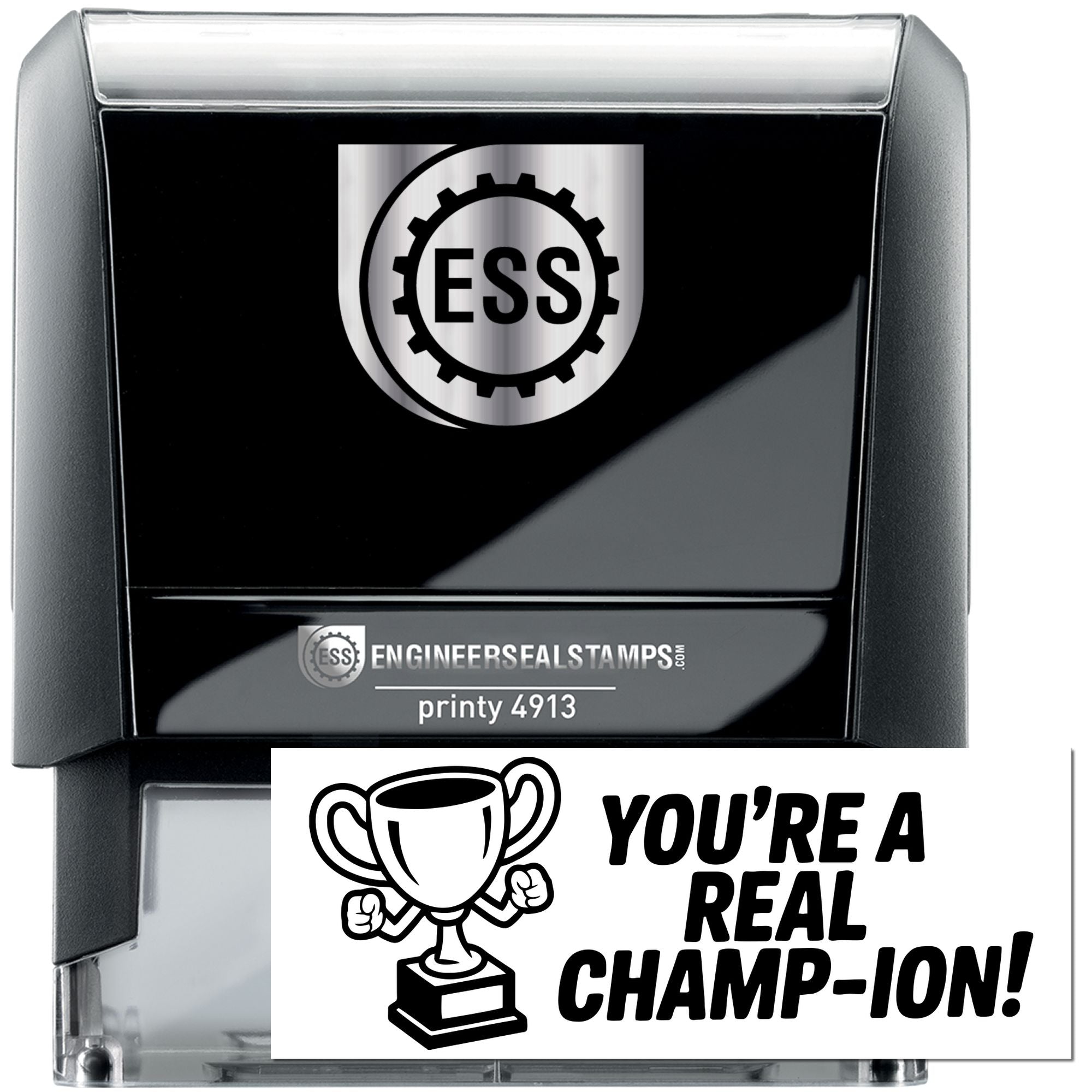 Black self-inking engineer seal stamp, black and silver, with trophy icon and Youre a real champion! text.