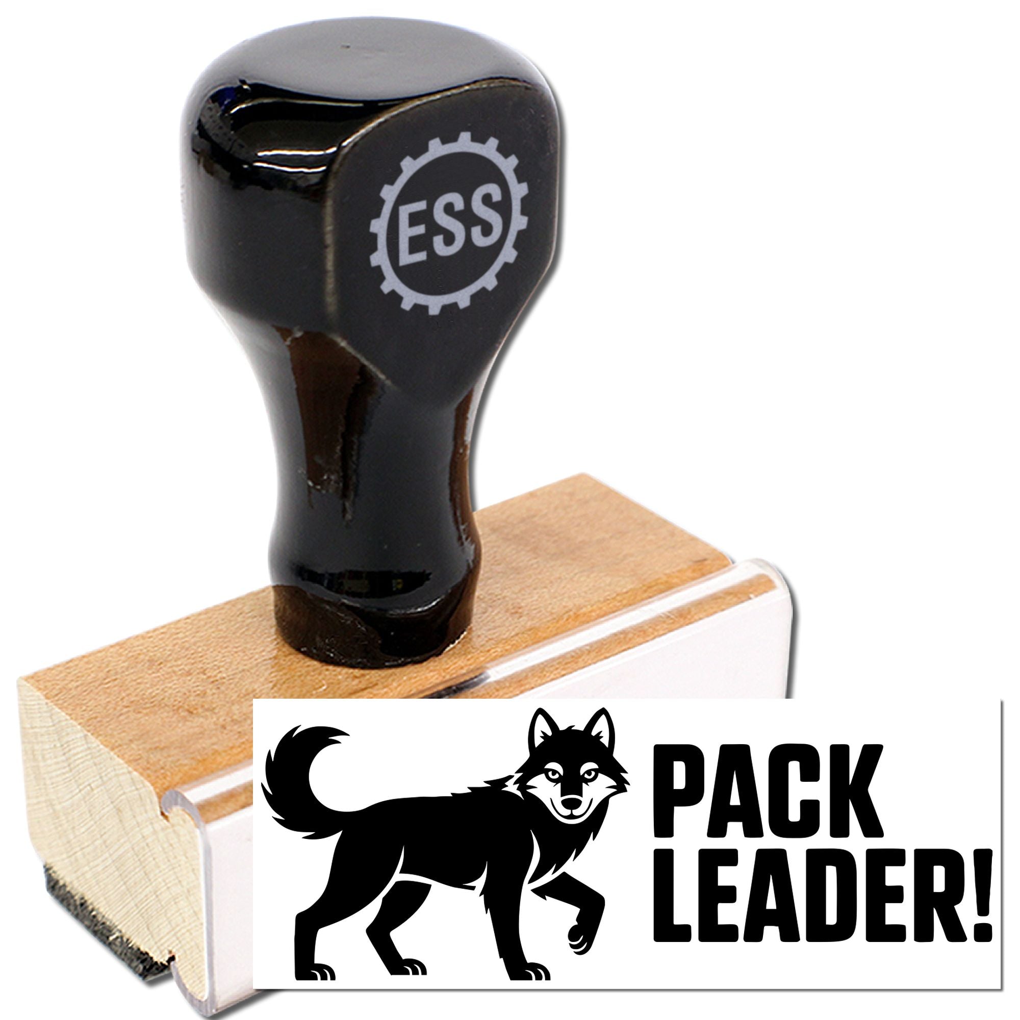Black rubber stamp and seal with ESS logo, wolf graphic, and PACK LEADER! impression on a wooden block.