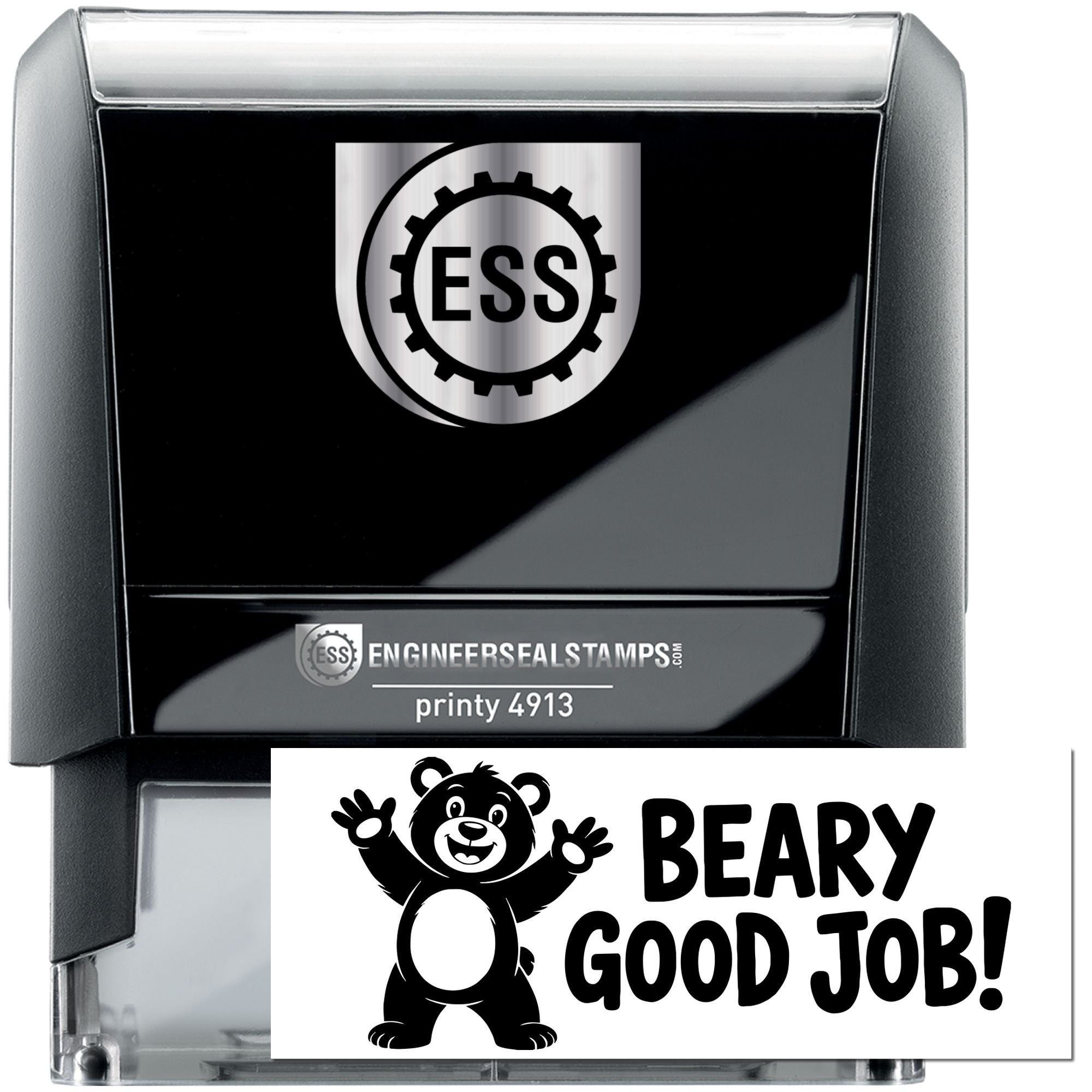 Black self-inking engineer seal stamp with silver ESS logo and white Beary Good Job! imprint.