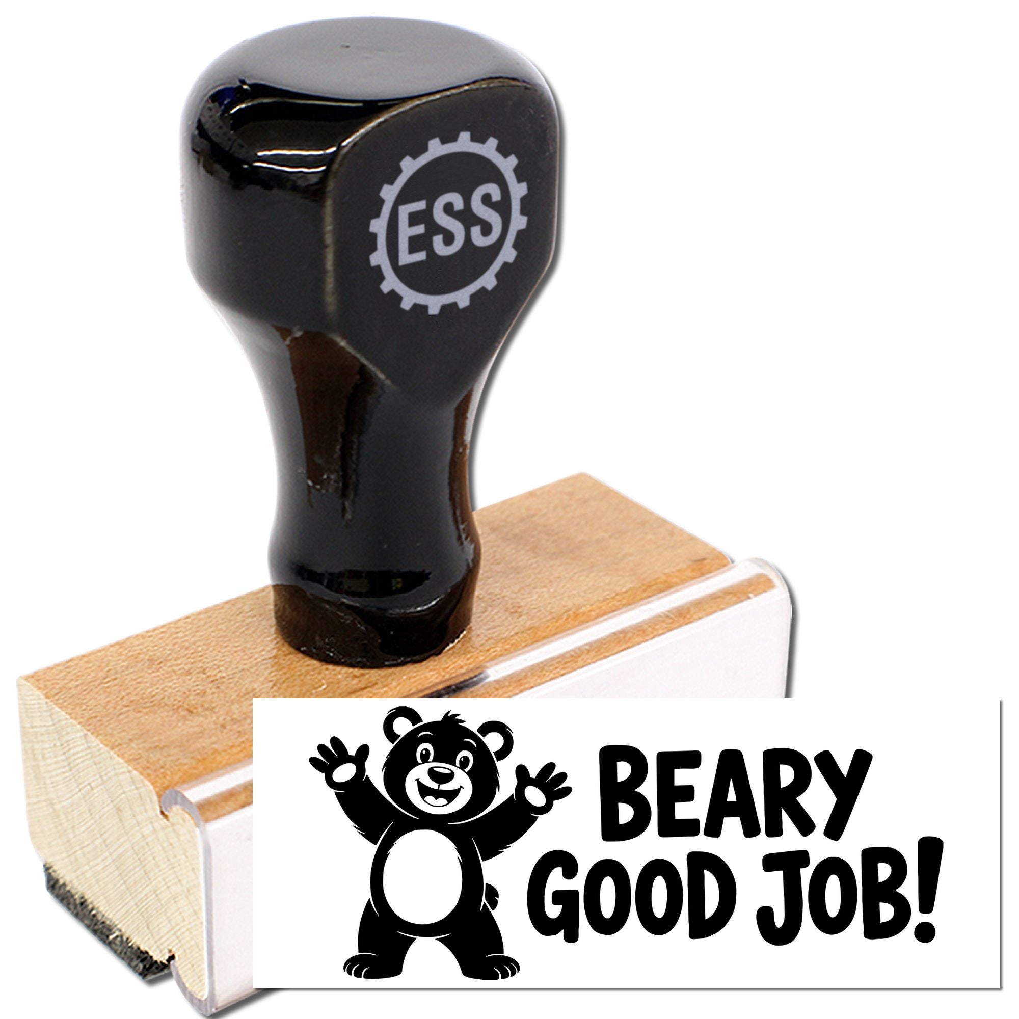 Black ESS rubber stamp on wooden base, with bear graphic and bold BEARY GOOD JOB! seal text.