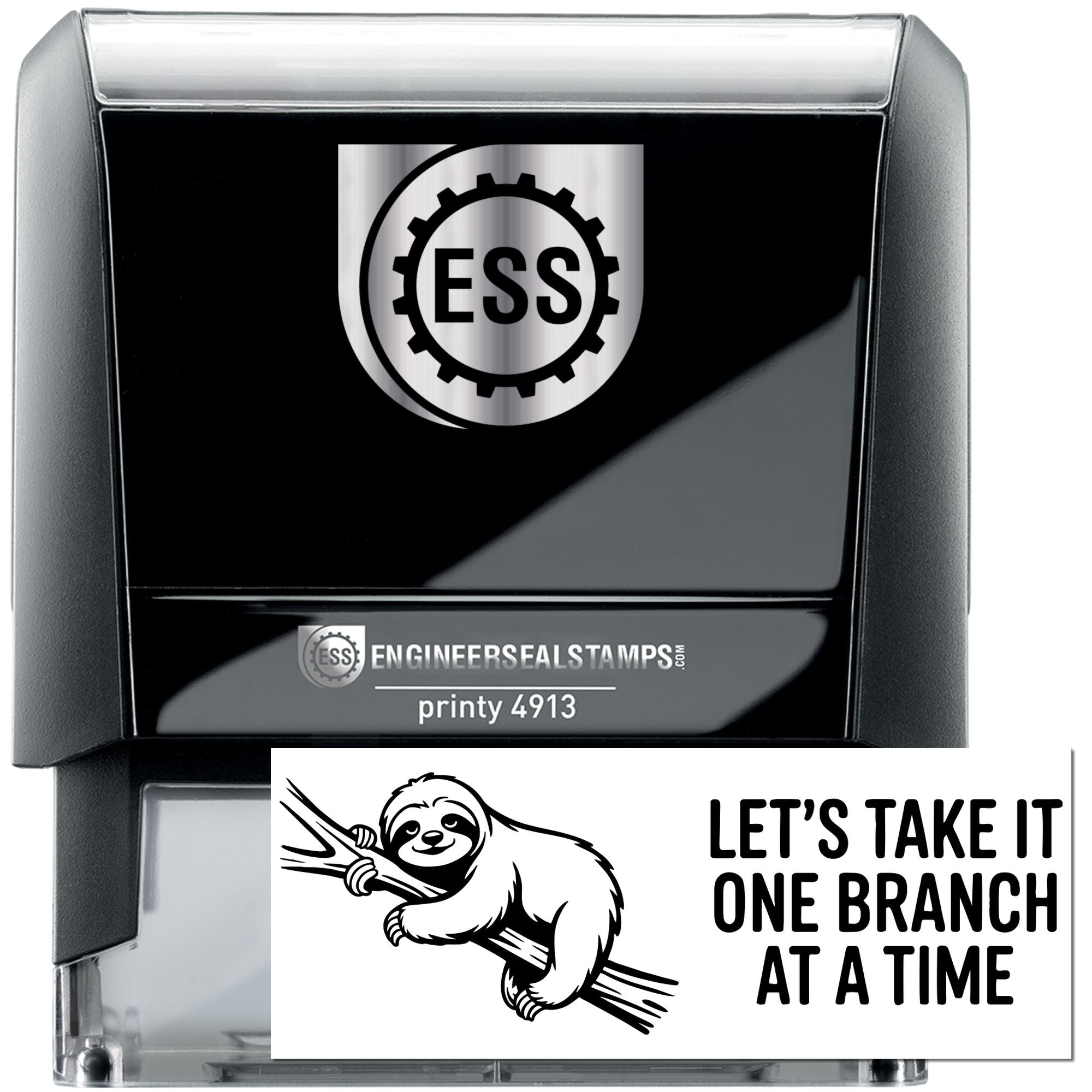 Black self-inking stamp and seal set with ESS logo; white seal card shows a sloth on a branch and Lets take it one branch at a time.