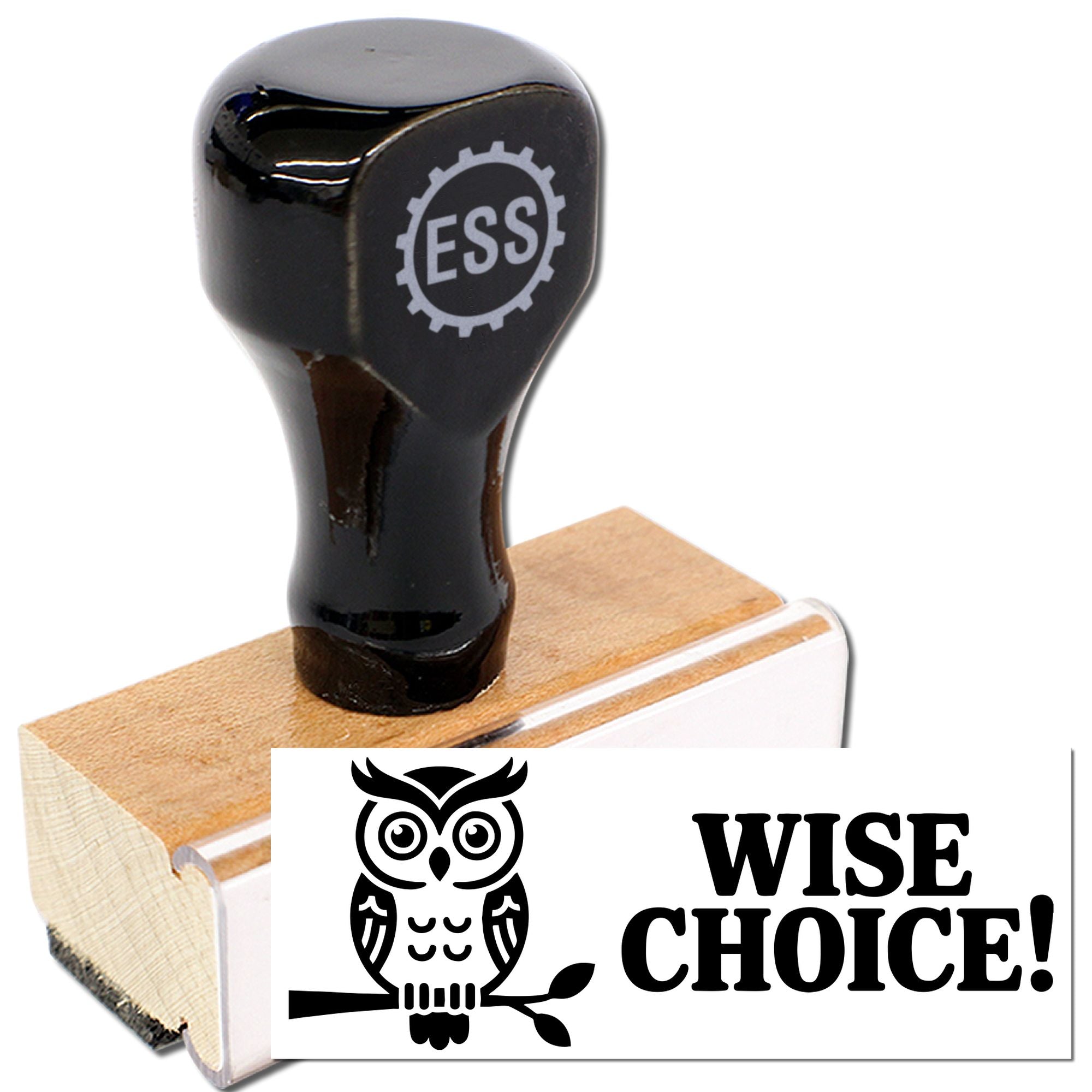 Black rubber stamp and wooden seal set with ESS gear logo, owl design, and bold WISE CHOICE! text.