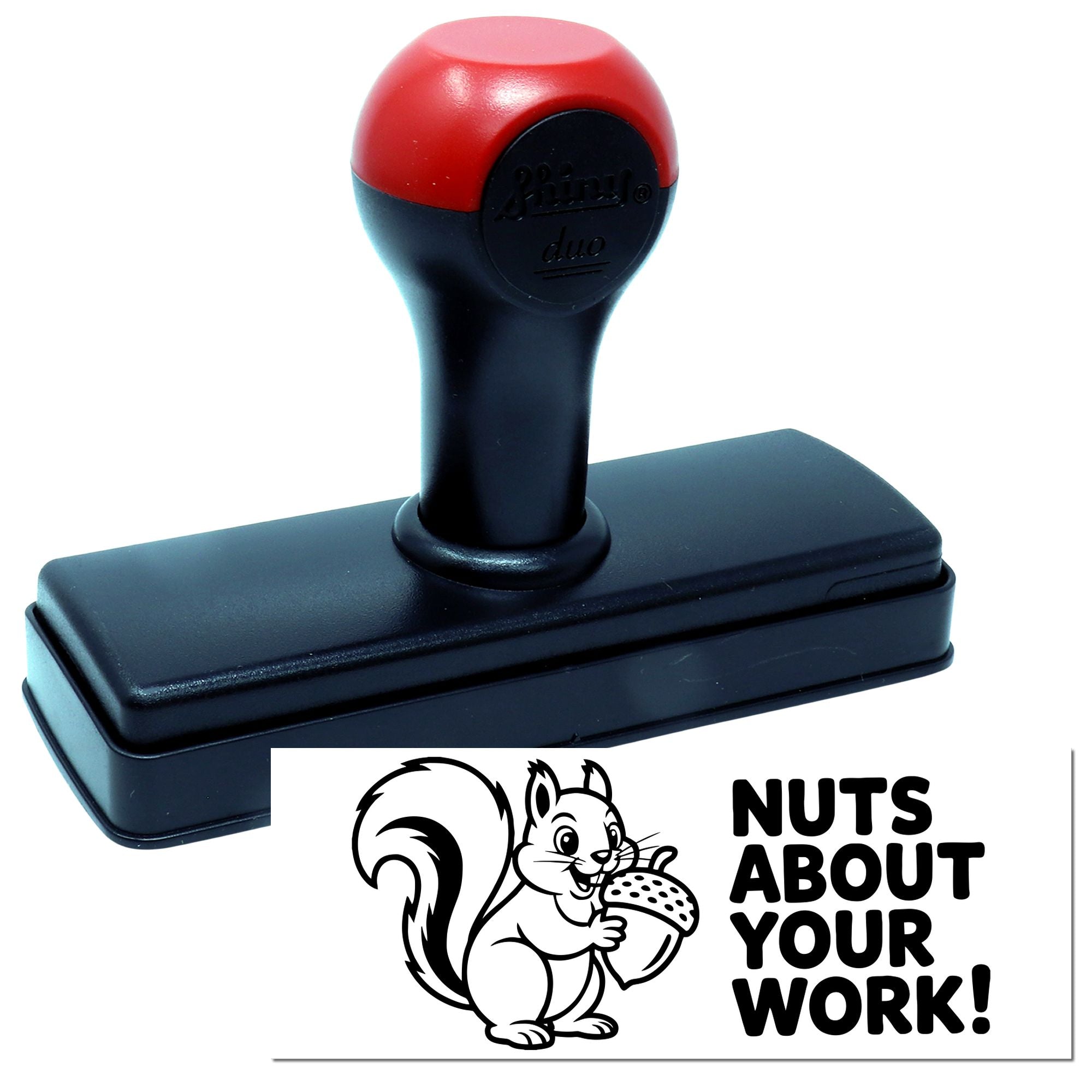 Red and black self-inking stamp with squirrel seal design and bold Nuts About Your Work! text on white background