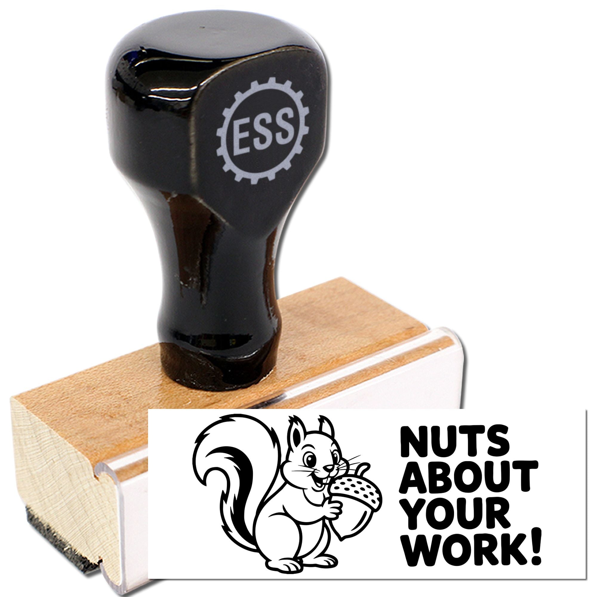 Black custom stamp and seal on wooden block, showing squirrel graphic and bold NUTS ABOUT YOUR WORK! imprint.