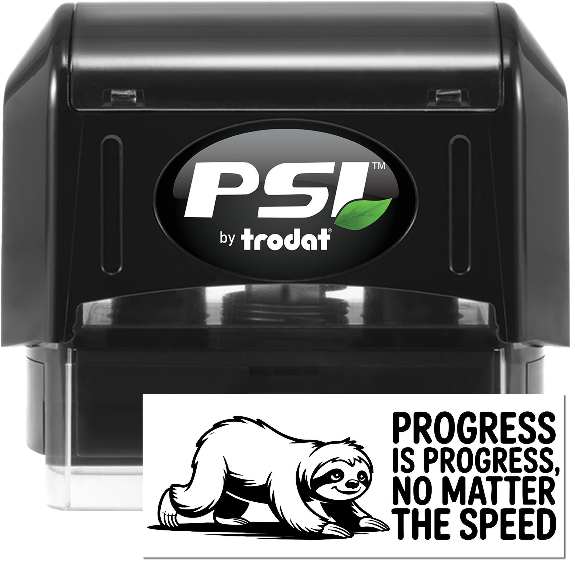 Black PSI by Trodat self-inking stamp and white seal card with sloth graphic, green leaf logo, and bold black text.