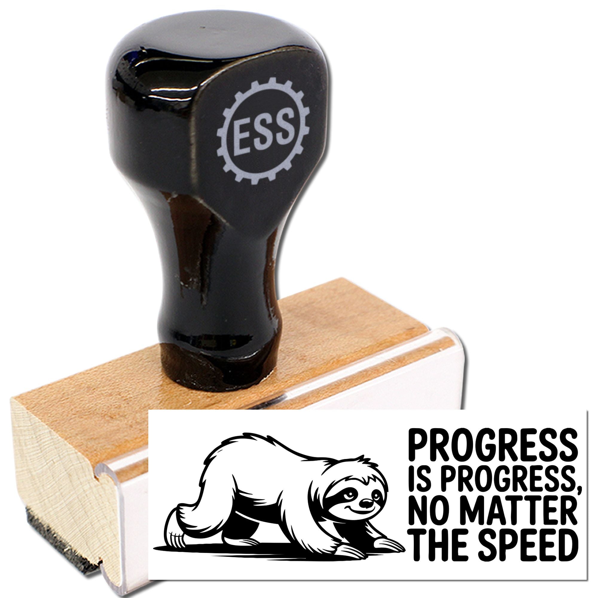 Black custom stamp on wooden block with ESS logo and seal card showing a sloth and Progress is progress text.