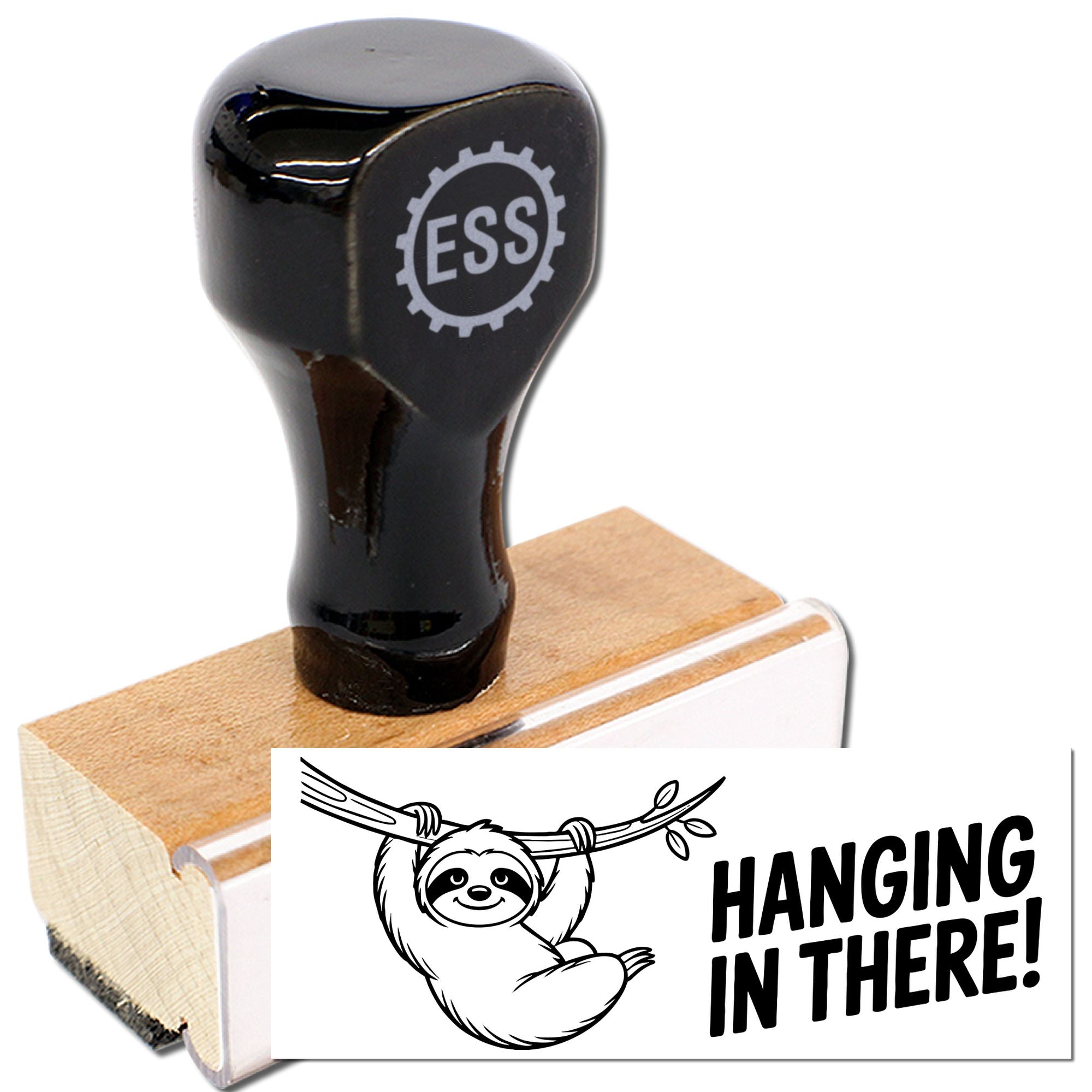Black ESS stamp and wooden seal block with sloth design and Hanging in there! text on white background.