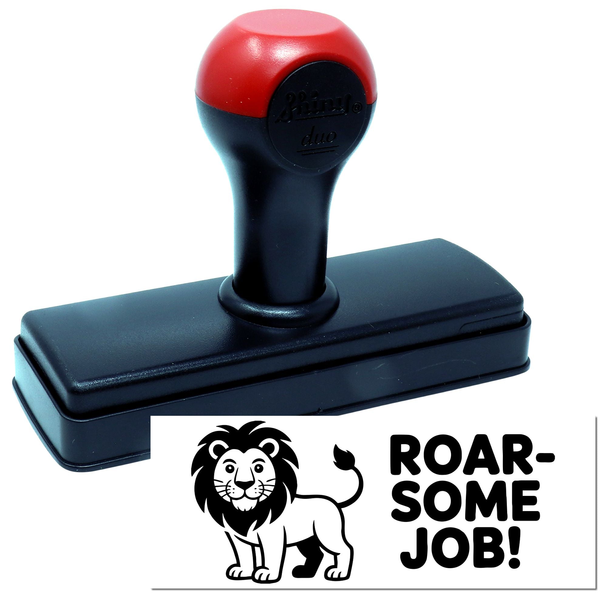 Red and black self-inking stamp and seal with lion design and bold ROAR-SOME JOB! imprint
