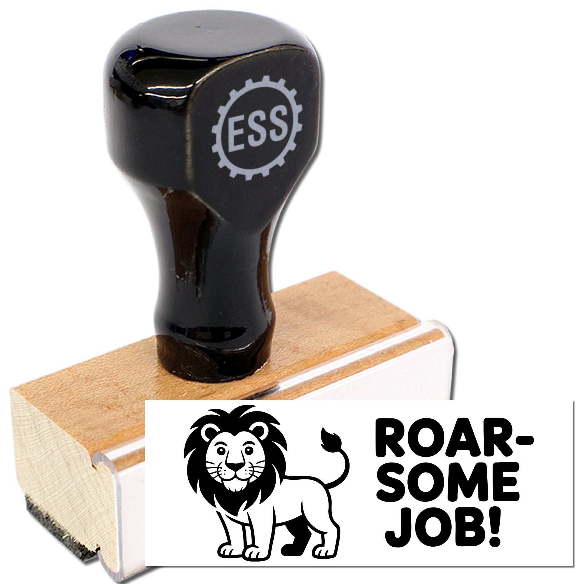 Black custom stamp and seal with ESS logo on wood block, showing lion ROAR-SOME JOB! imprint.