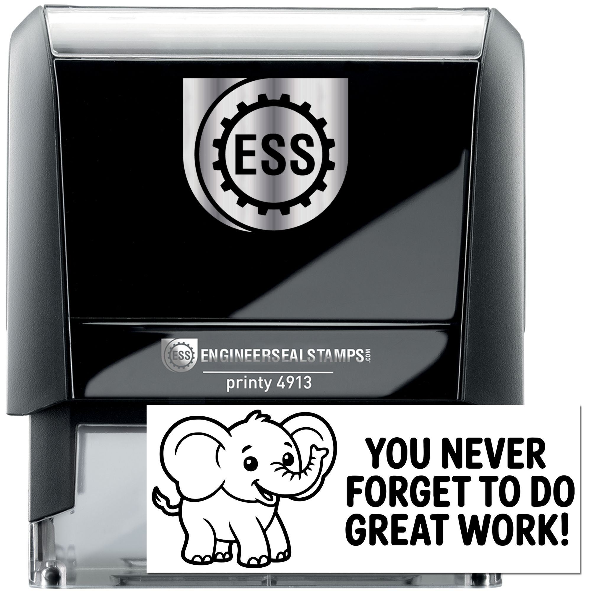 Black self-inking seal stamp with silver ESS logo and elephant design, reading You never forget to do great work!