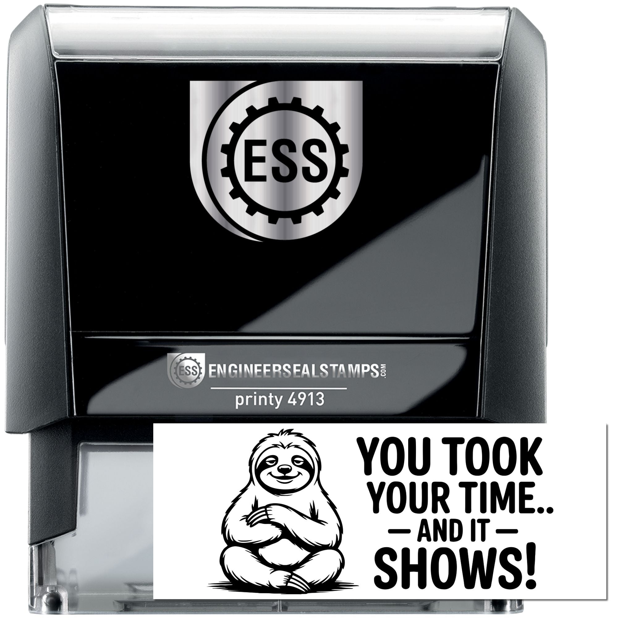 Black and silver ESS engineer seal self-inking stamp, Printy 4913, with gear logo and sloth custom message design.