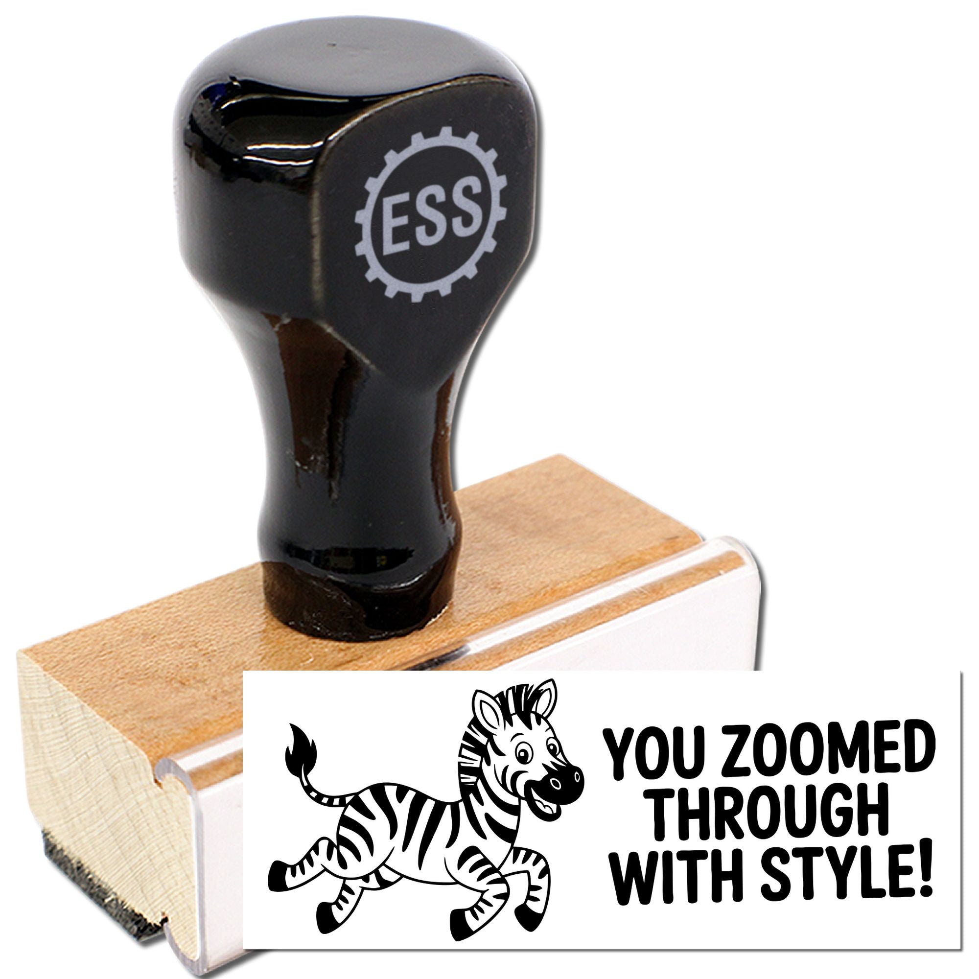Black rubber stamp and seal on wooden block, with zebra logo and You Zoomed Through with Style! on white.