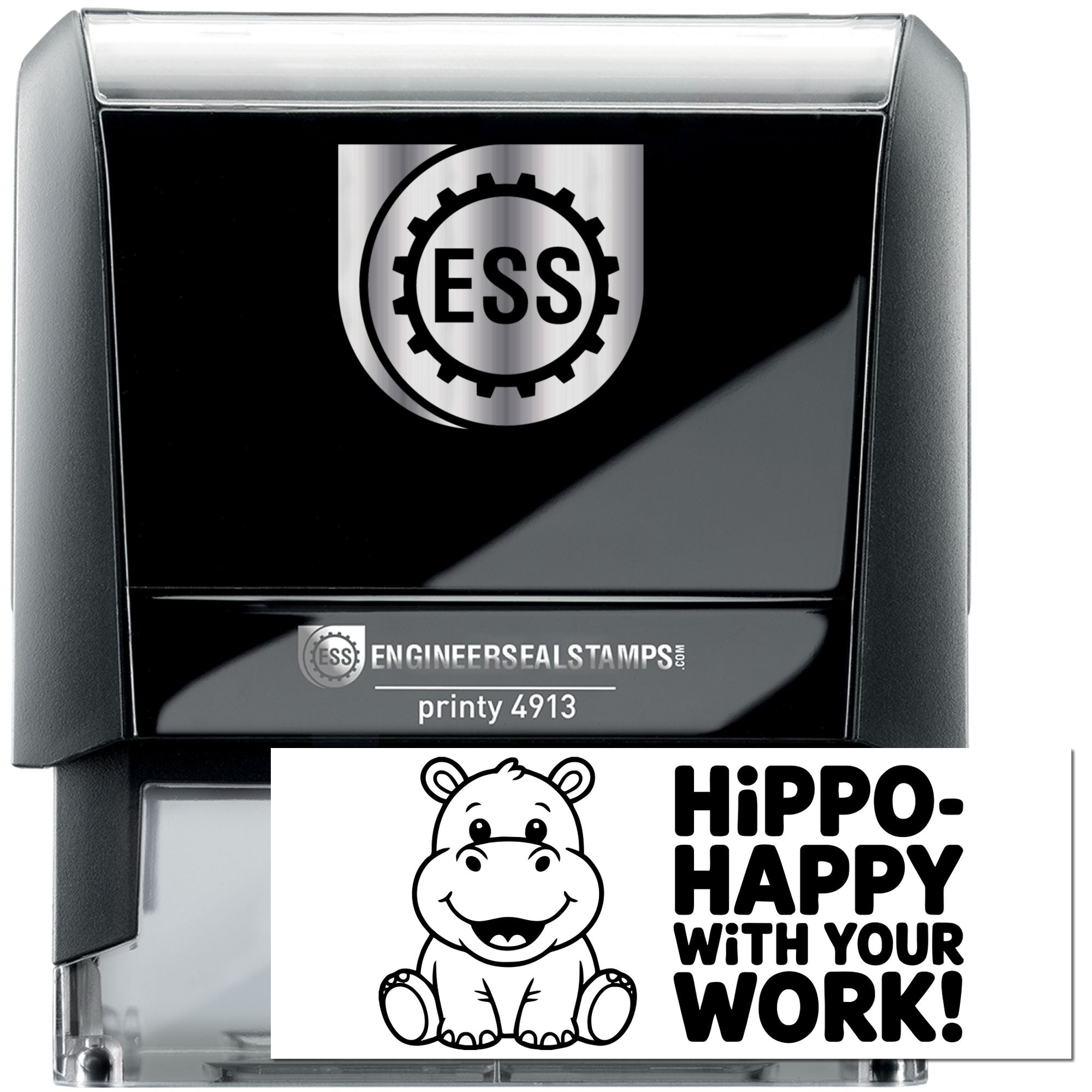 Black self-inking engineer seal stamp with silver ESS logo; lower hippo stamp says Hippo-Happy with Your Work!