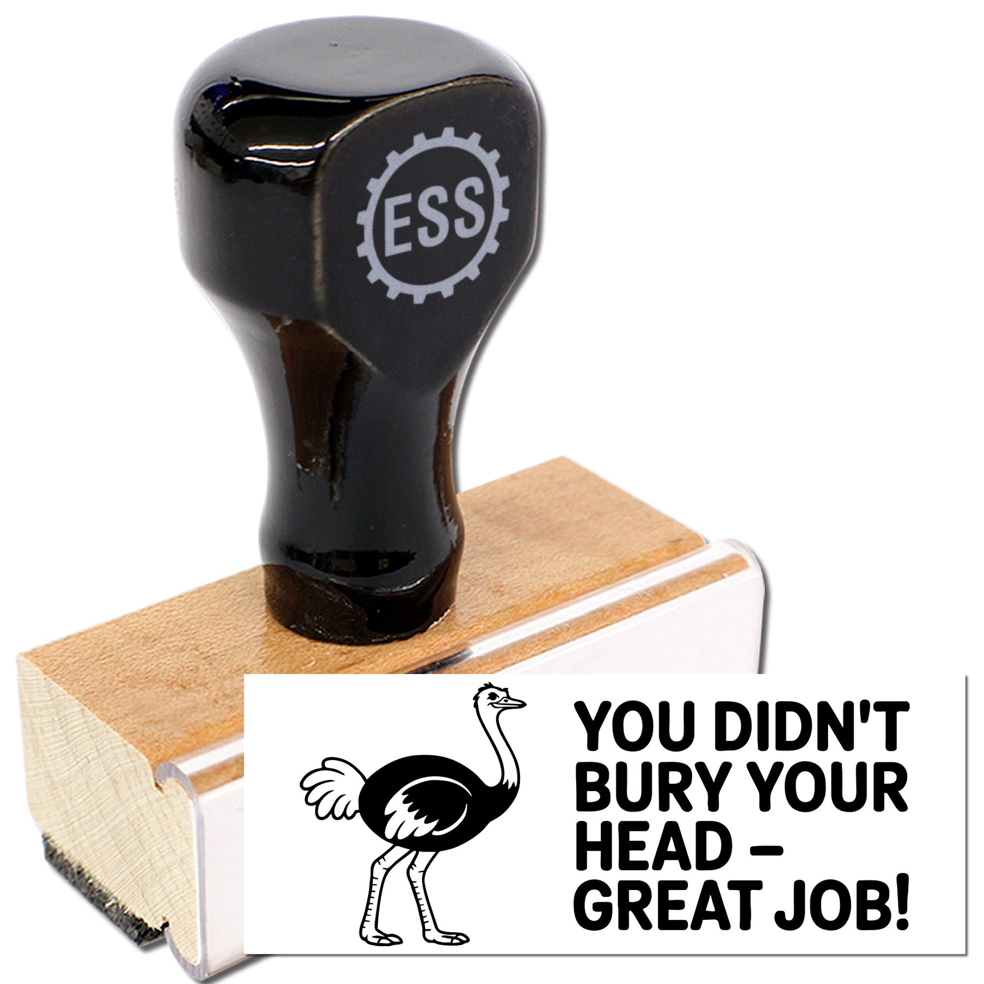 Black stamp and seal product with wooden base, ostrich logo, and bold black slogan on a white card.
