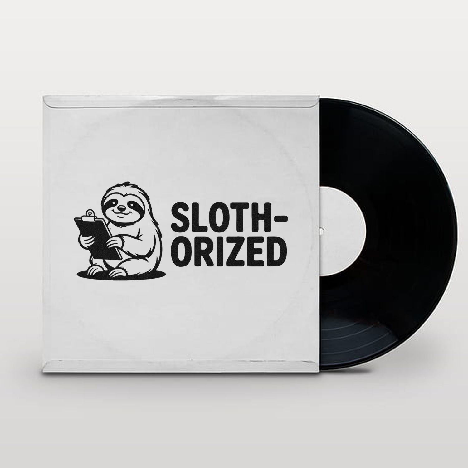 White stamp and seal package with black sloth logo, SLOTH-ORIZED text, and a partially visible black seal disc.