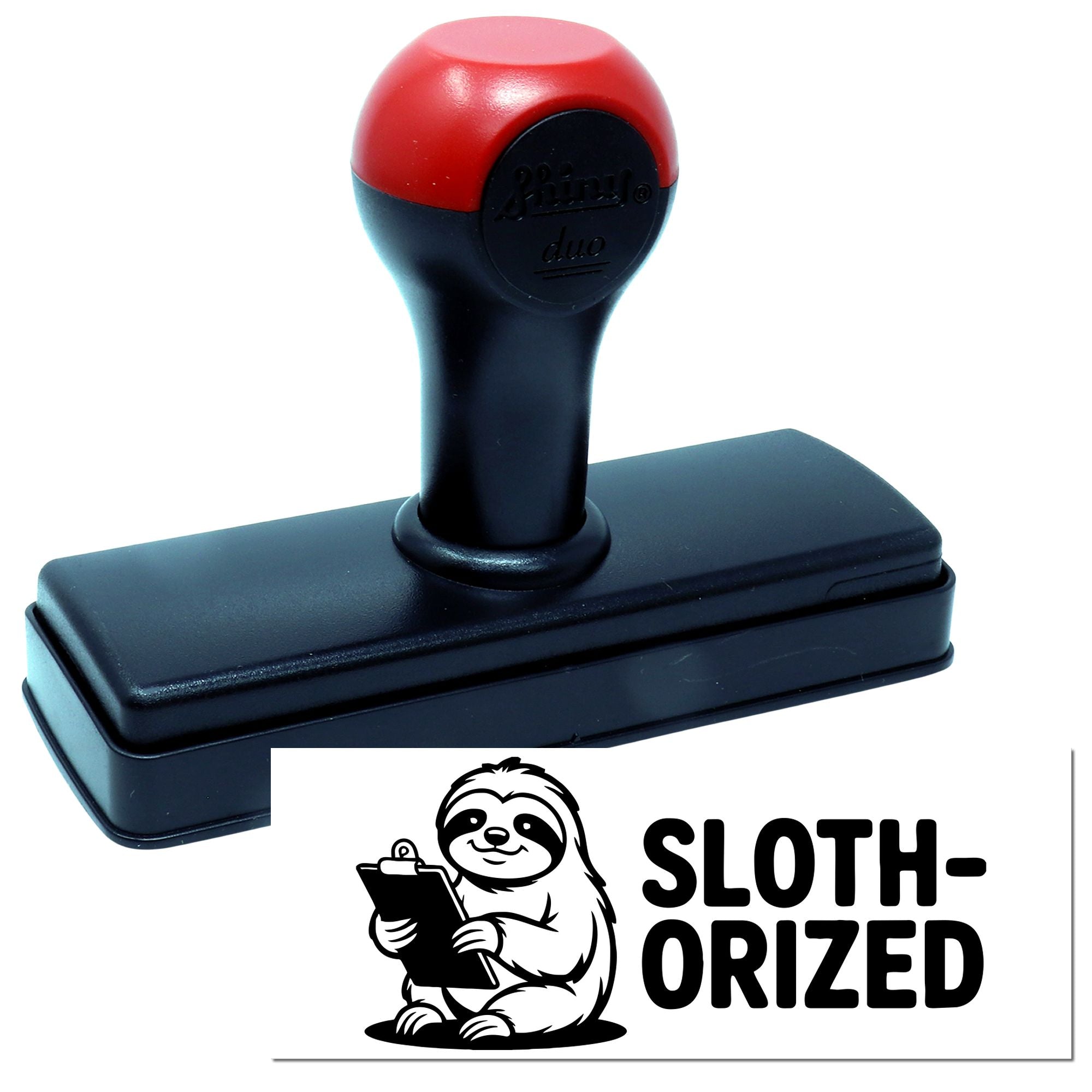 Red-and-black self-inking stamp and seal with rectangular base, featuring a sloth logo and Sloth-Orized branding.
