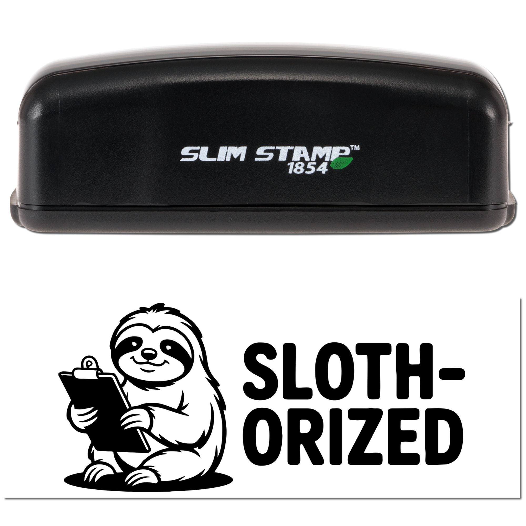 Black Slim Stamp 1854 self-inking stamp and seal with sloth logo and bold SLOTH-ORIZED text on white background.