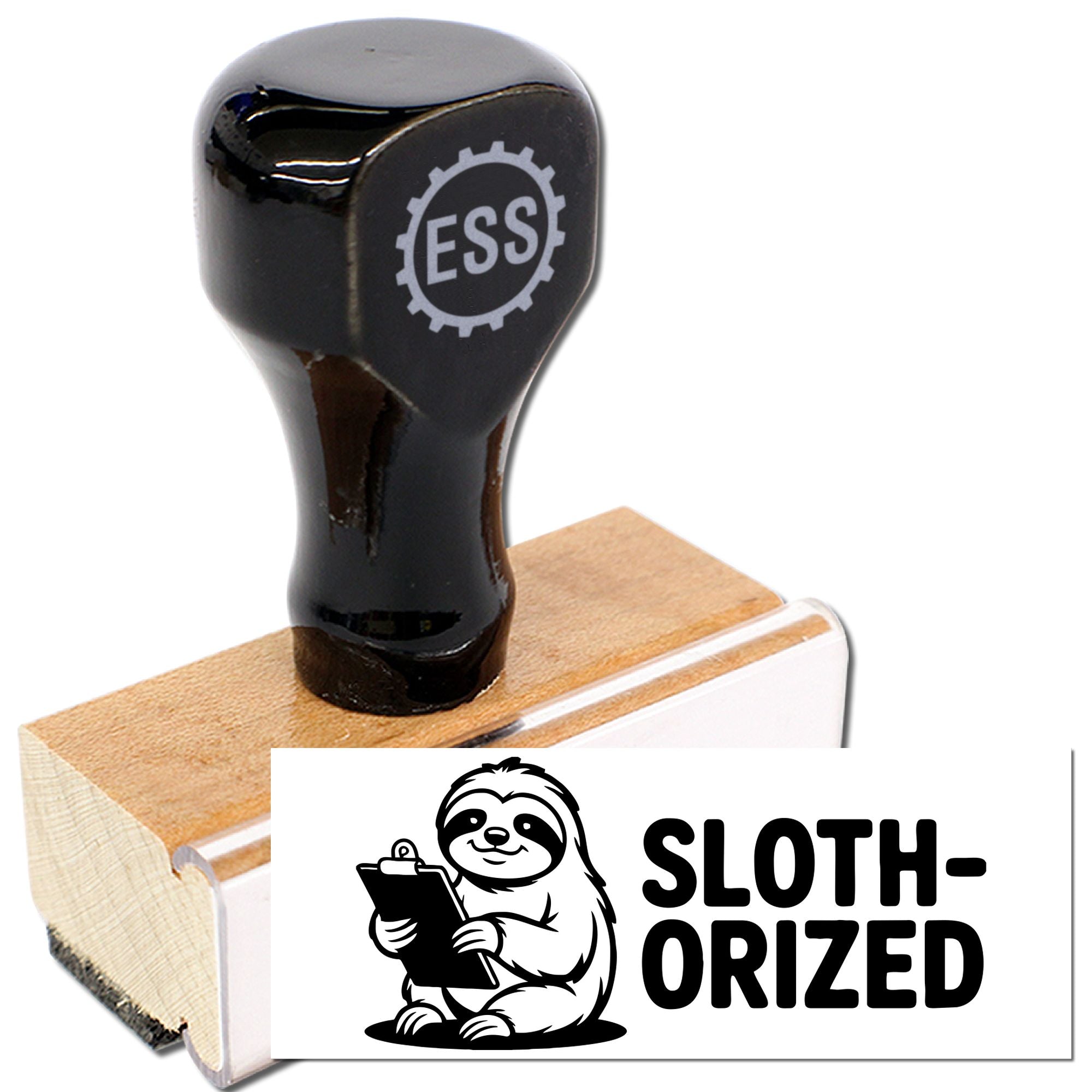 Black custom stamp and seal with ESS gear logo, glossy black top, wooden handle, Sloth-Orized branded design.