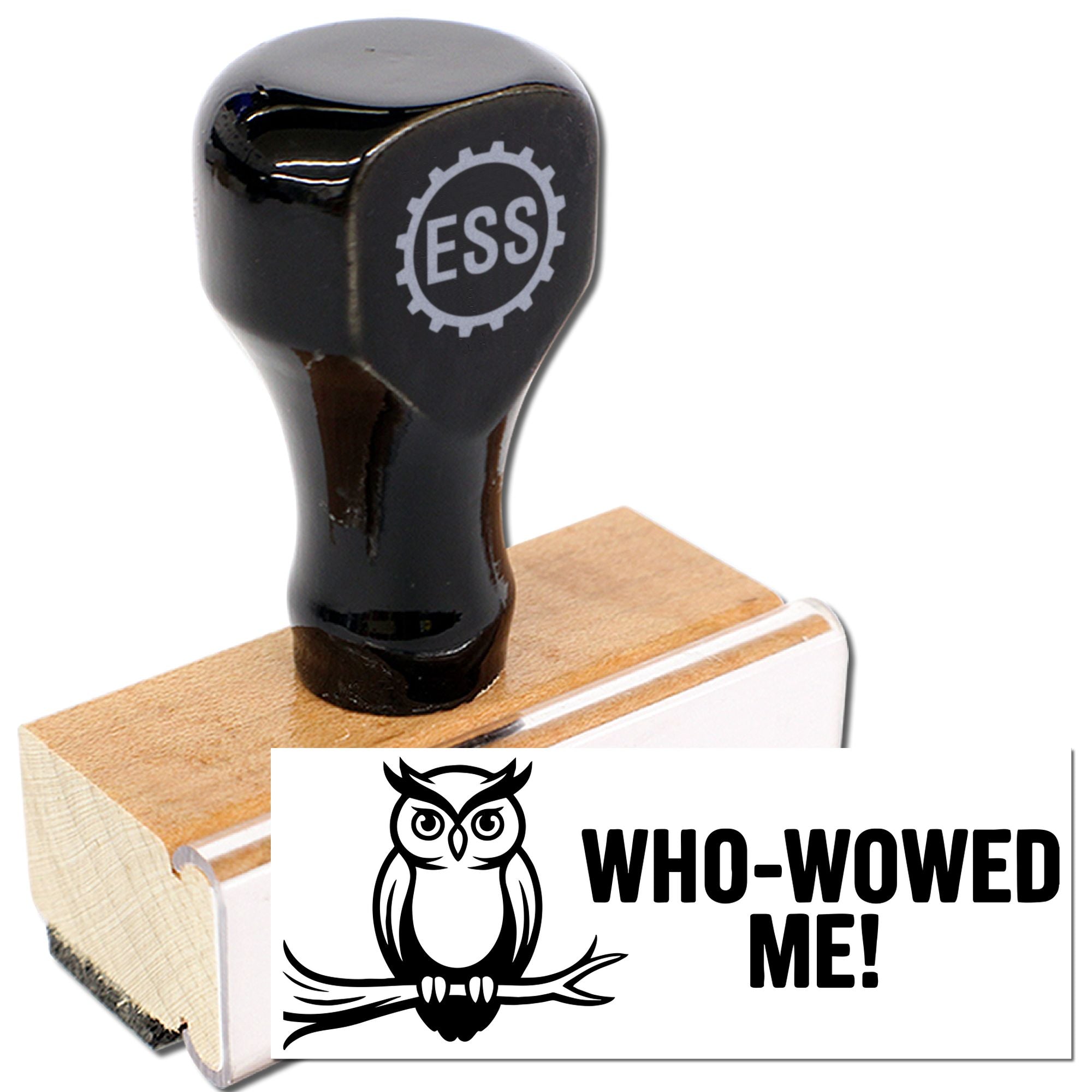 Black ESS rubber stamp on wooden block with owl seal design and bold Who-Wowed Me text on white background.