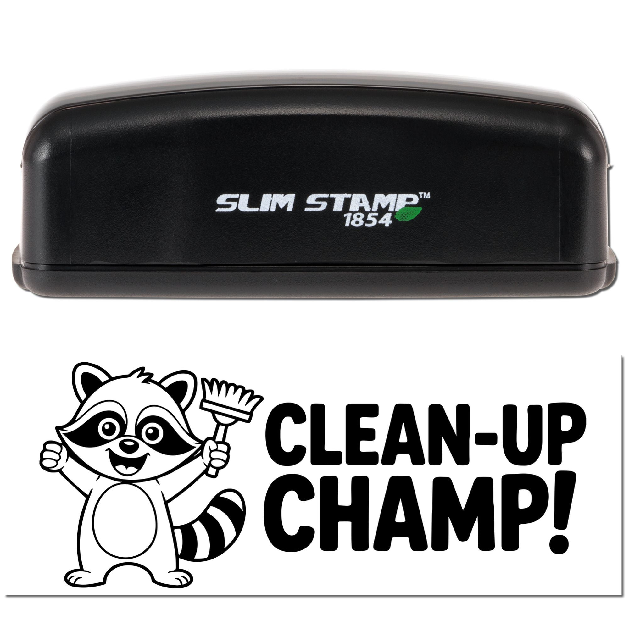 Black Slim Stamp 1854 self-inking stamp with green leaf logo and white Clean-Up Champ raccoon seal design.